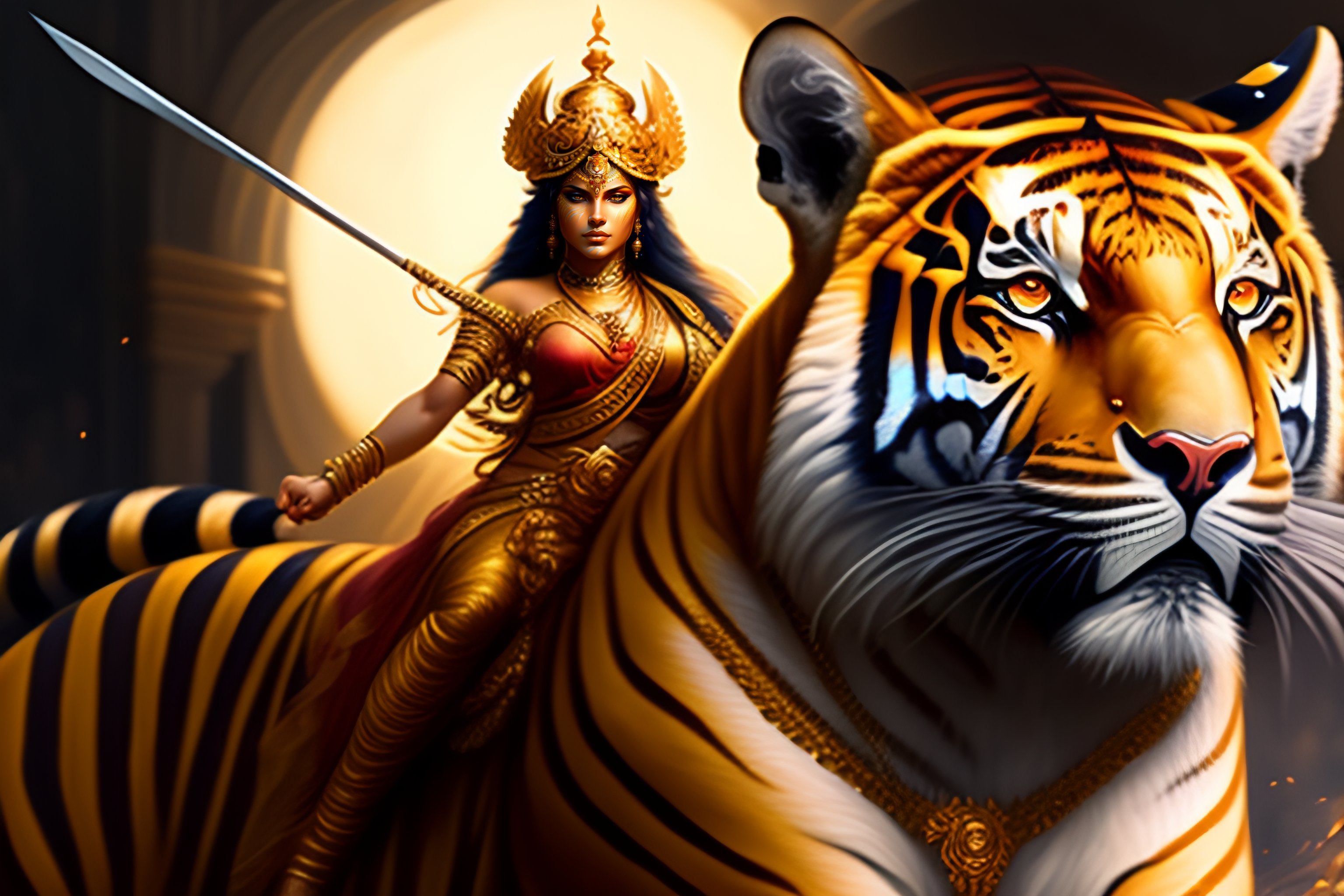 Lexica Image of goddess durga riding tiger, d & d, beautiful