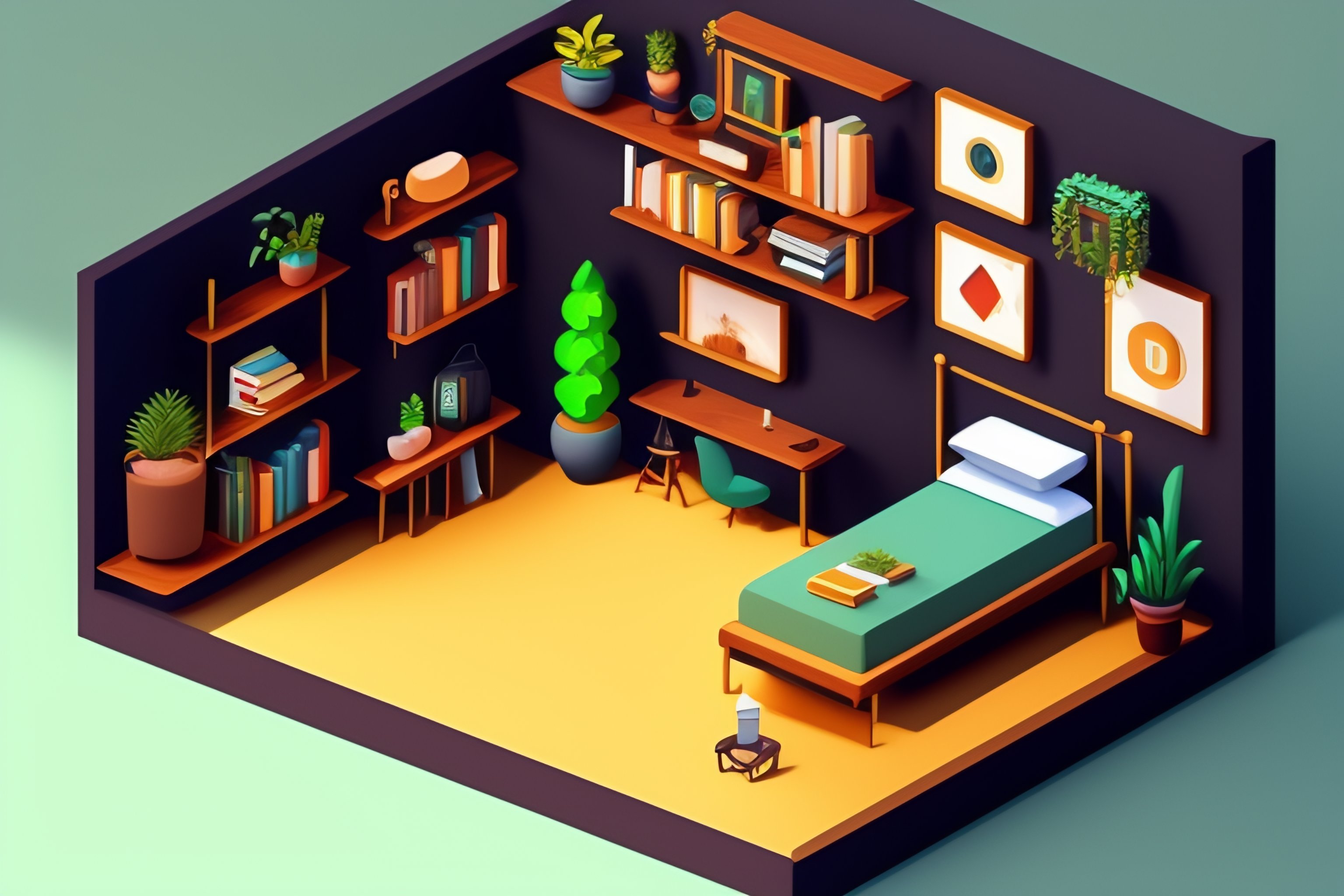 Lexica - Bedroom decor, isometric illustration, home office, bed, place ...