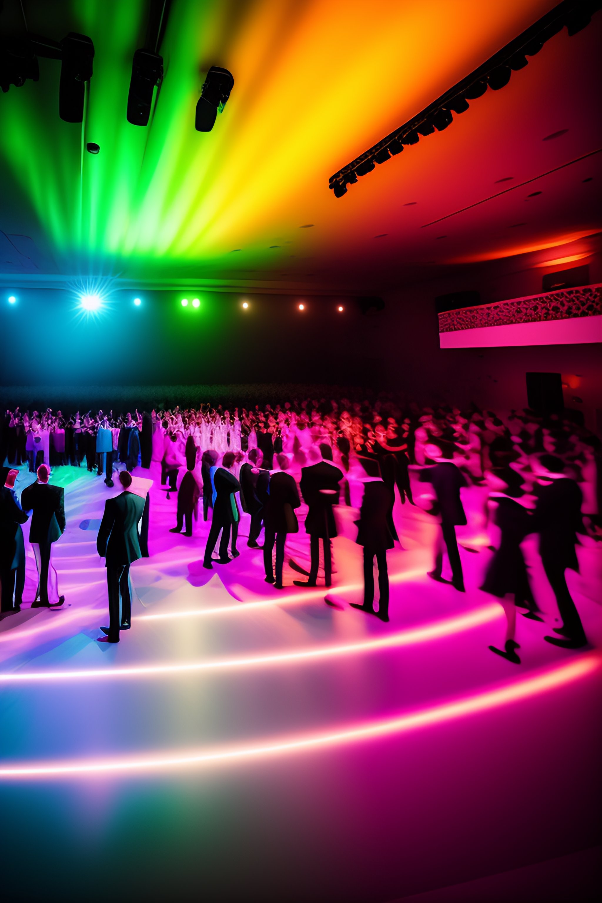 Lexica - Photo of a party in a large colorful hall, dancing skeletons