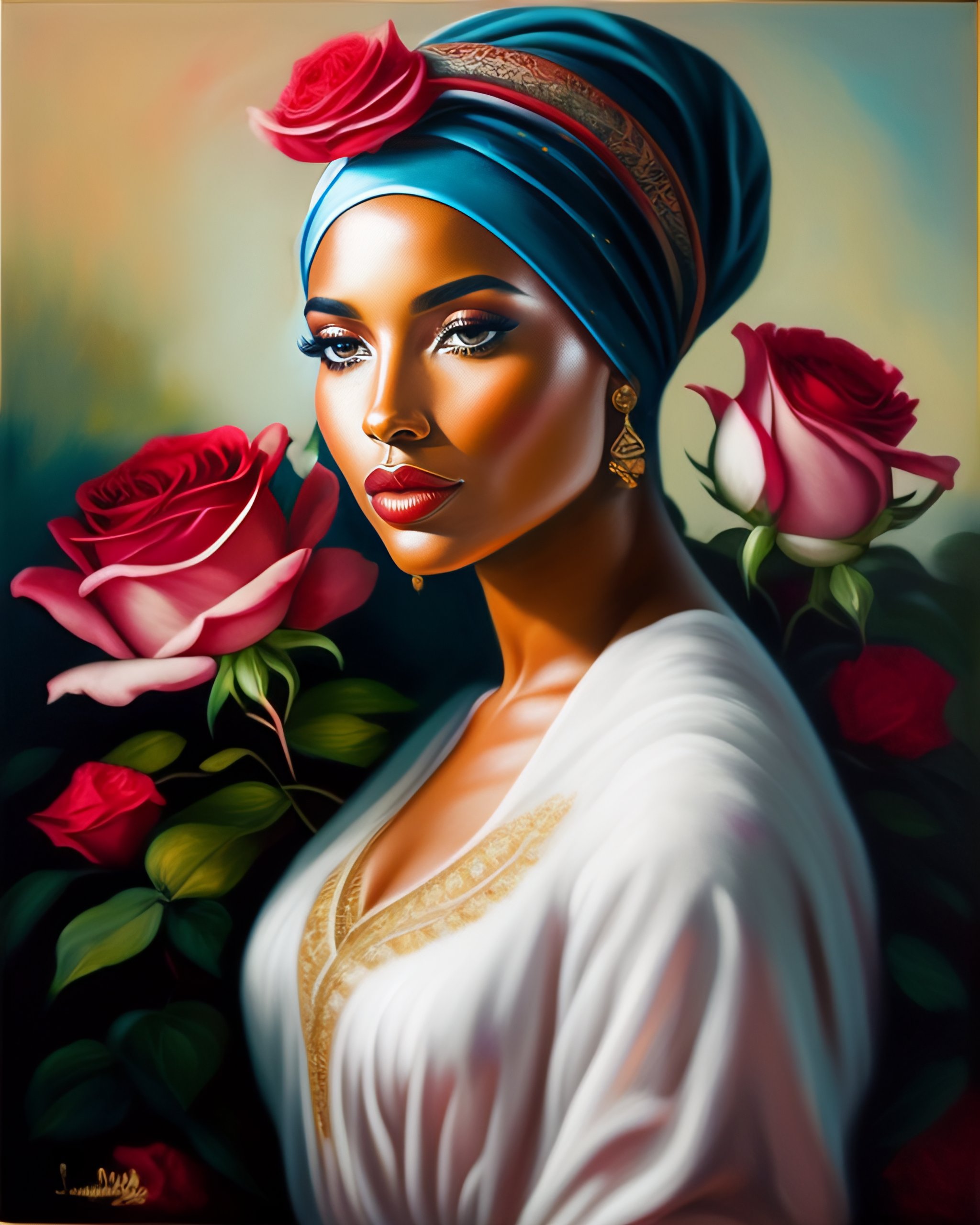 Lexica An artistic painting, a woman wearing a headscarf, a ceramic