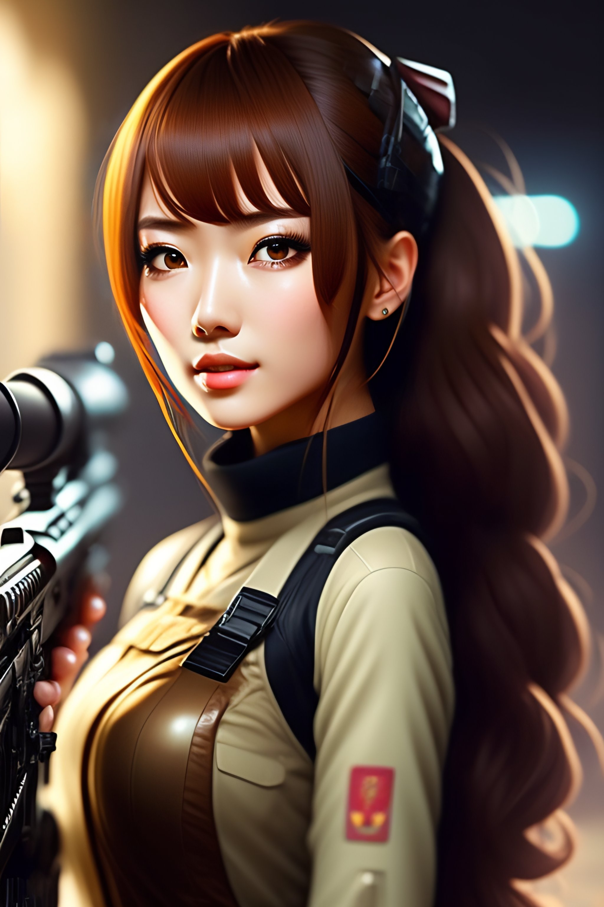 Lexica - Anime girl, brown hair, wall eyes, holding a sniper rifle