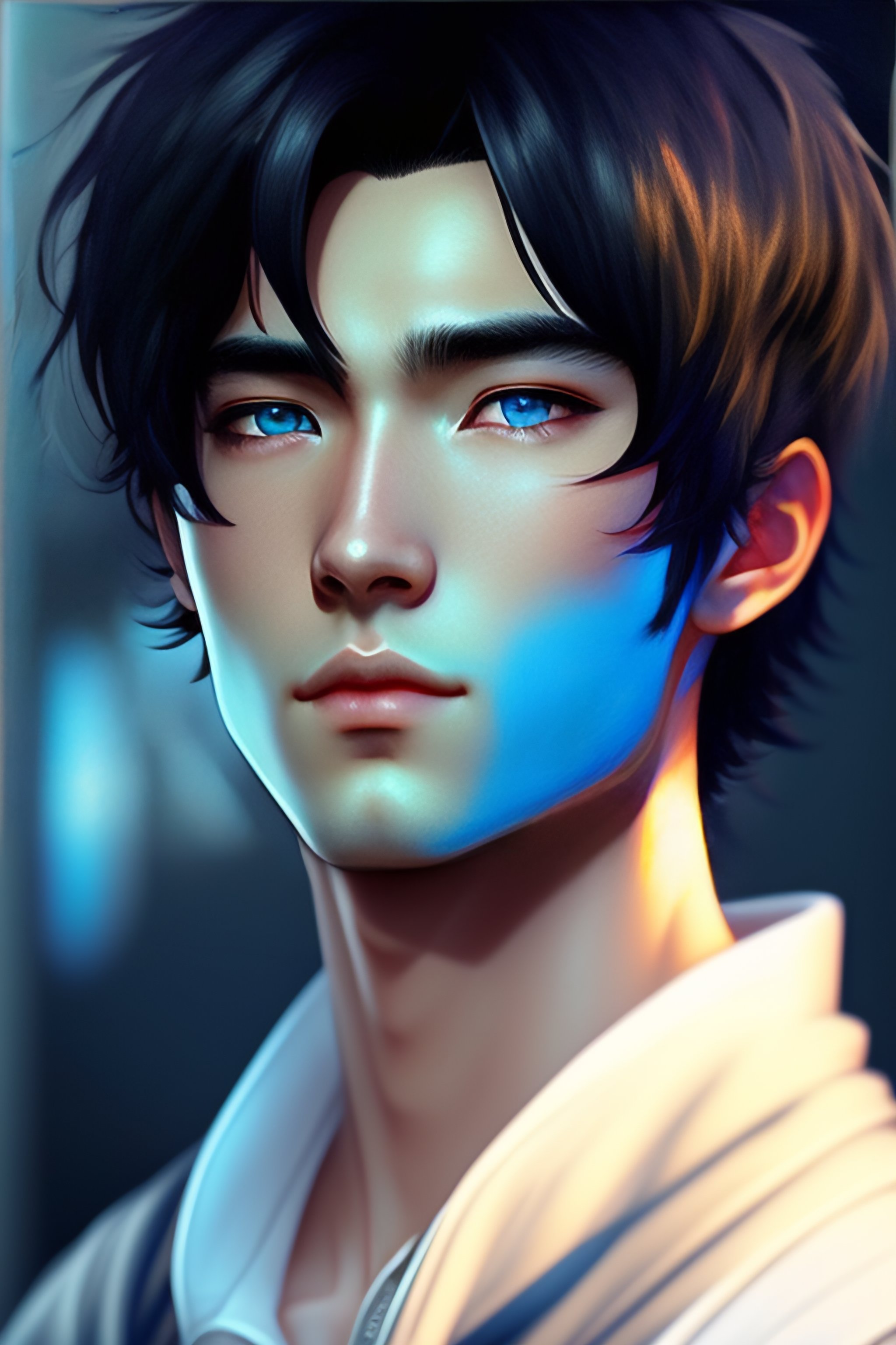 Lexica - Anime boy, black hair, blue eyes, photorealistic, highly