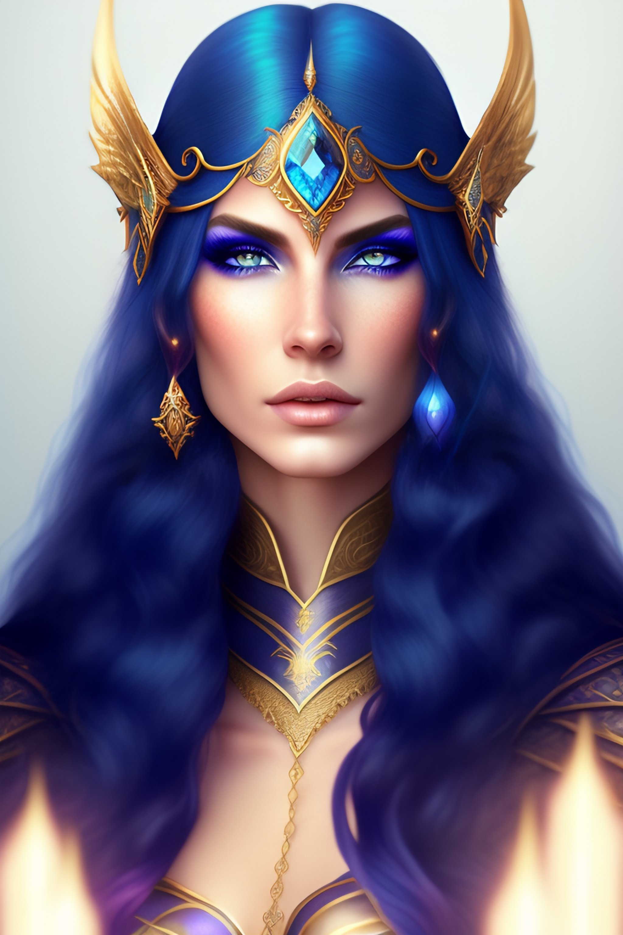 Lexica - A cute sorceress elven, blue long hair, golden eyes, tattoed ...