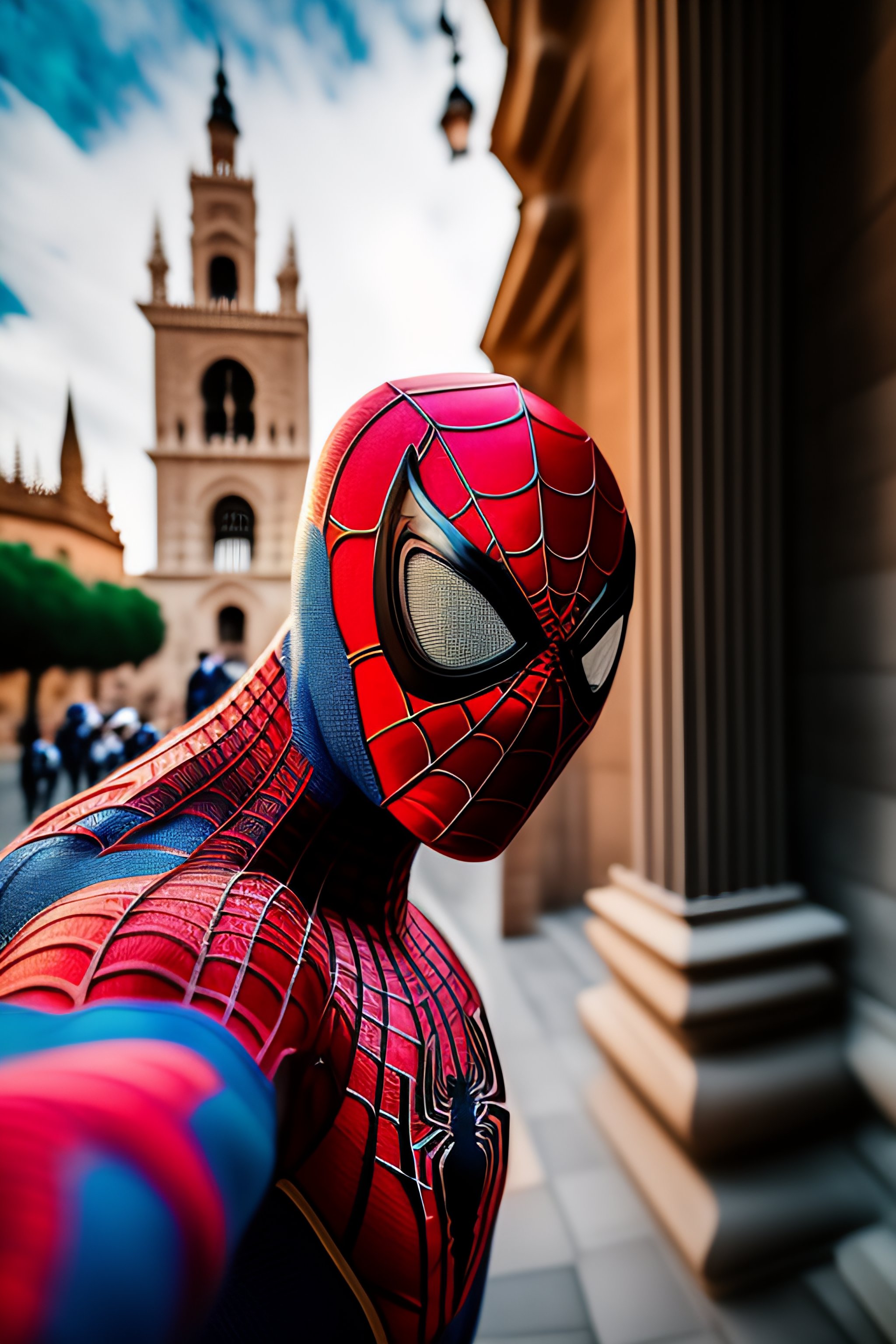 Lexica - Spiderman taking a selfie in the Giralda monument in Seville
