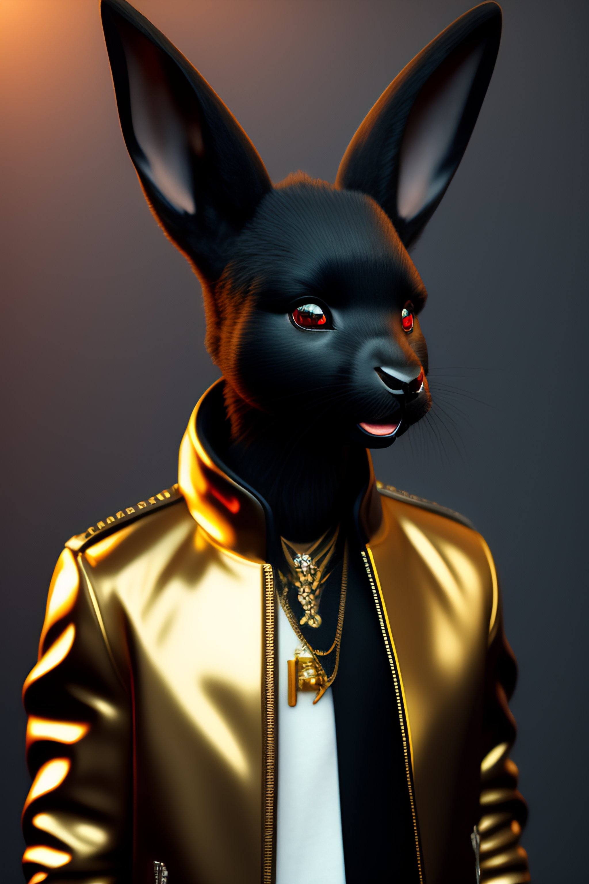 Lexica - Black Humanoid Rabbit with large white eyes leather jacket ...