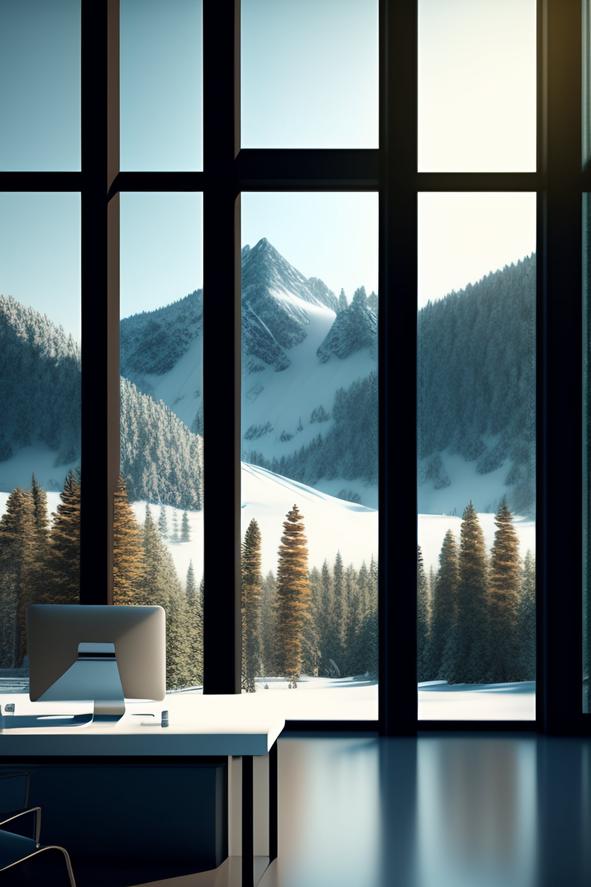 Lexica - Office interiors with vegetation view mountain with snow