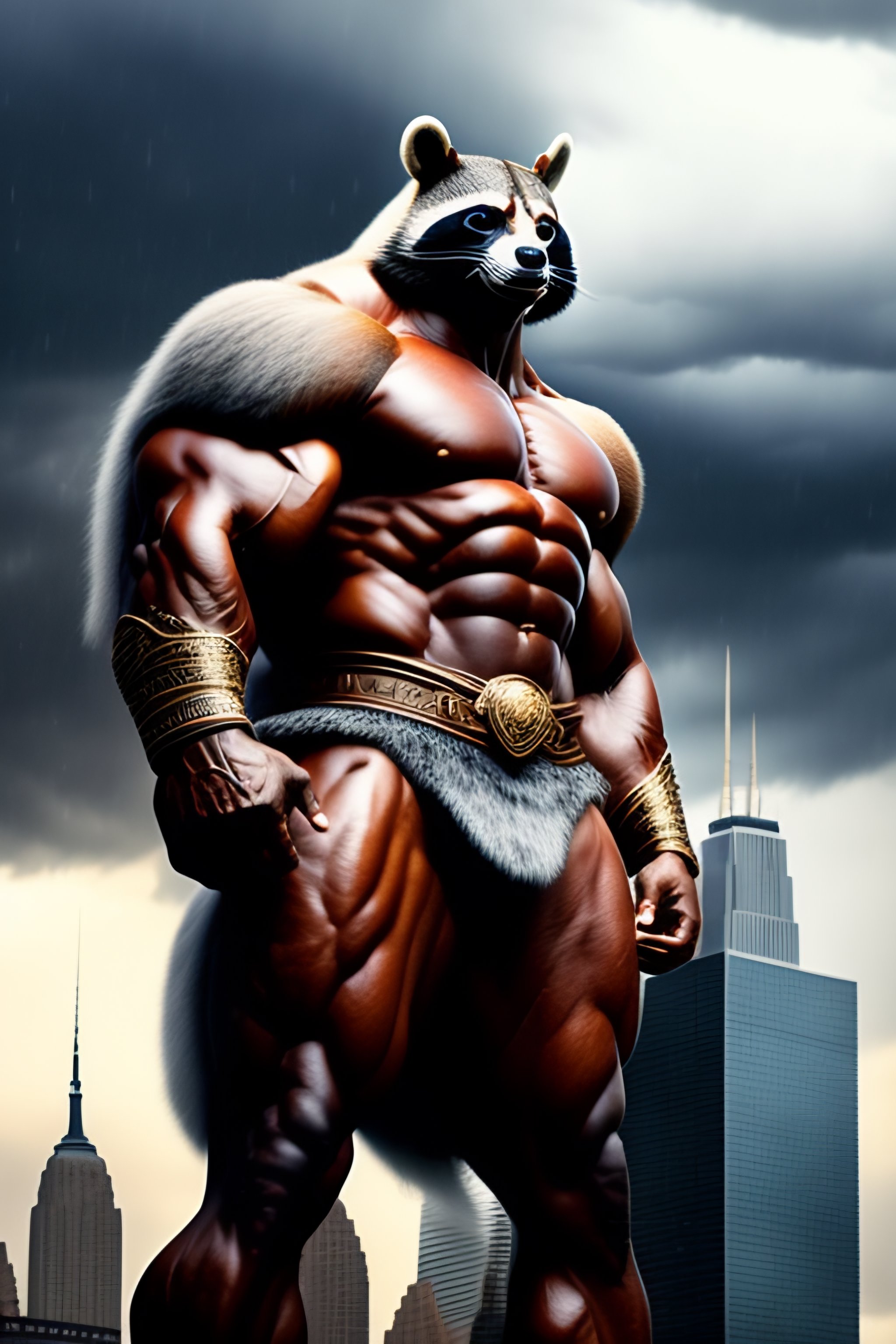 Lexica - A massive muscular humanoid racoon as tall as a building who ...