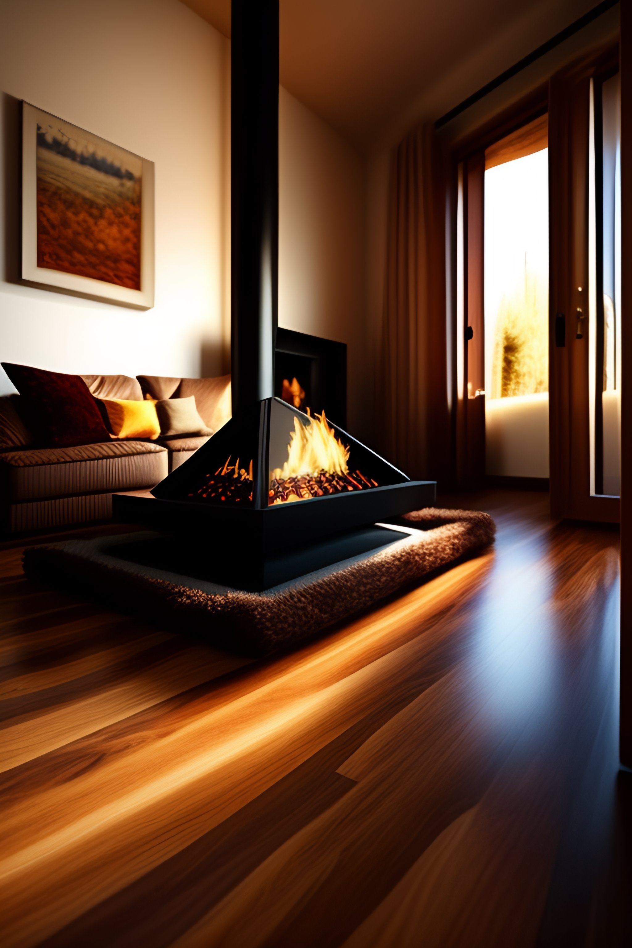 Lexica - Interior casa de madera alfombra mesa sillas espejo chimenea fuego