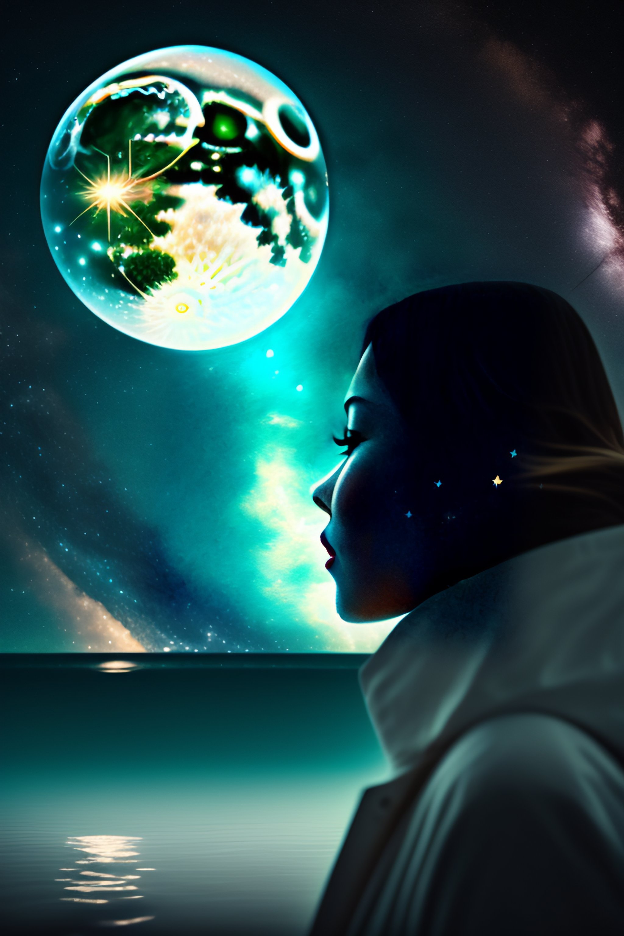 Lexica - Woman who swim in a dark sky with many the stars lighting. A ...