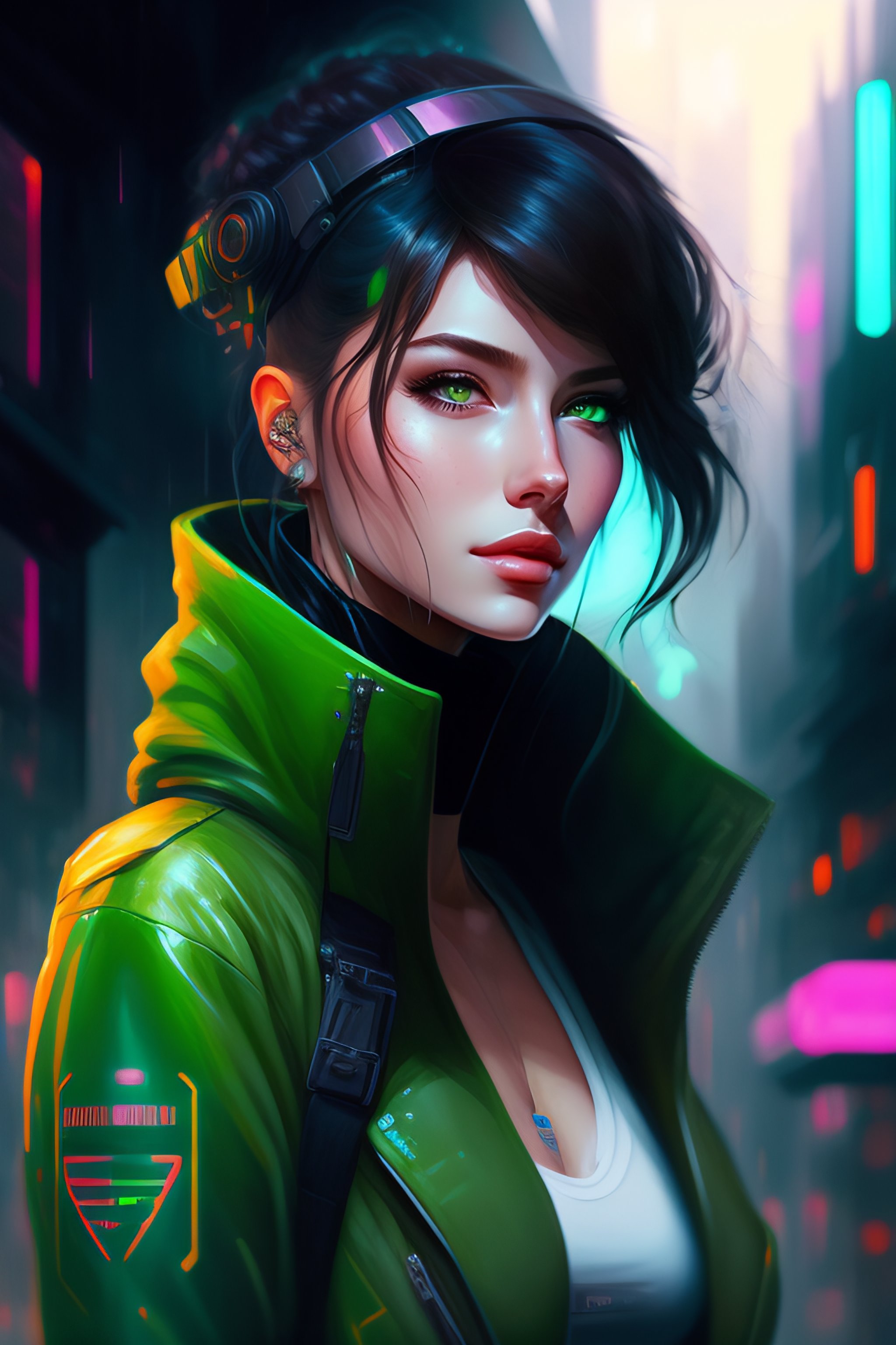 Lexica - A detailed painting of a cute cyberpunk girl with green eyes ...