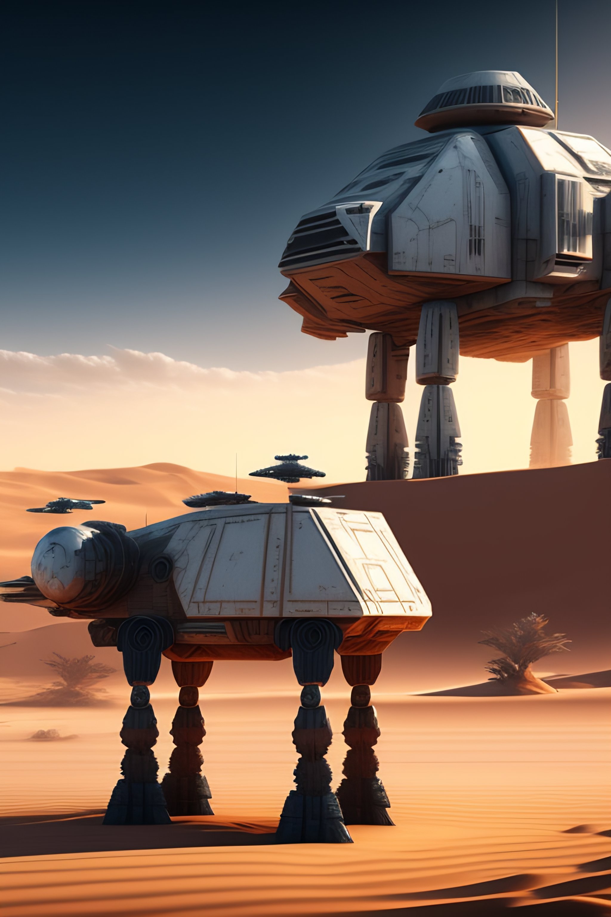 Lexica - Star Wars At-At Walker, Desert Landscape , Futuristic Details,  Cinematic Style,, Unreal Engine, Highly Detailed, Bokeh