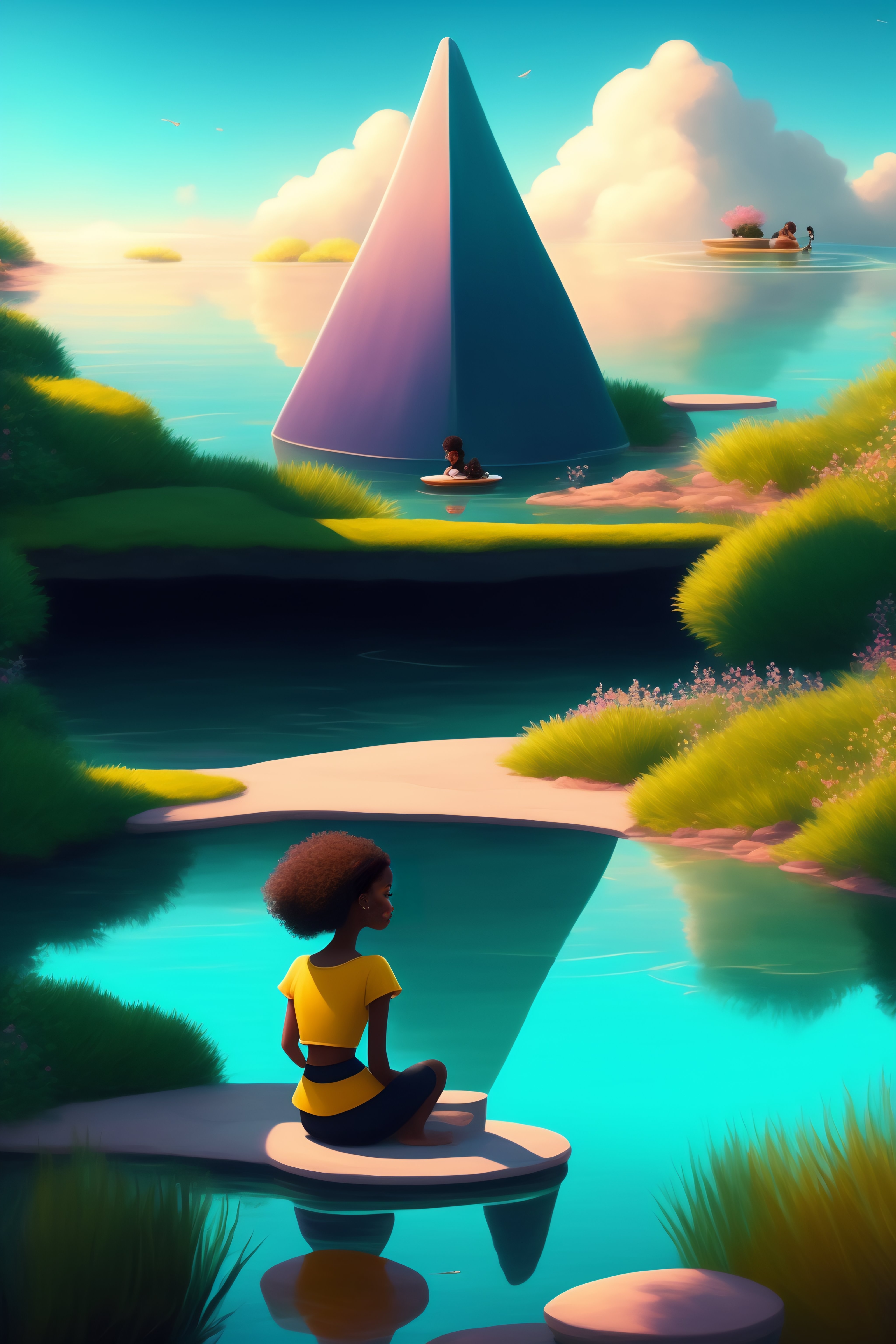 Lexica - View of gorgeous pond with happy black girl sitting by the ...