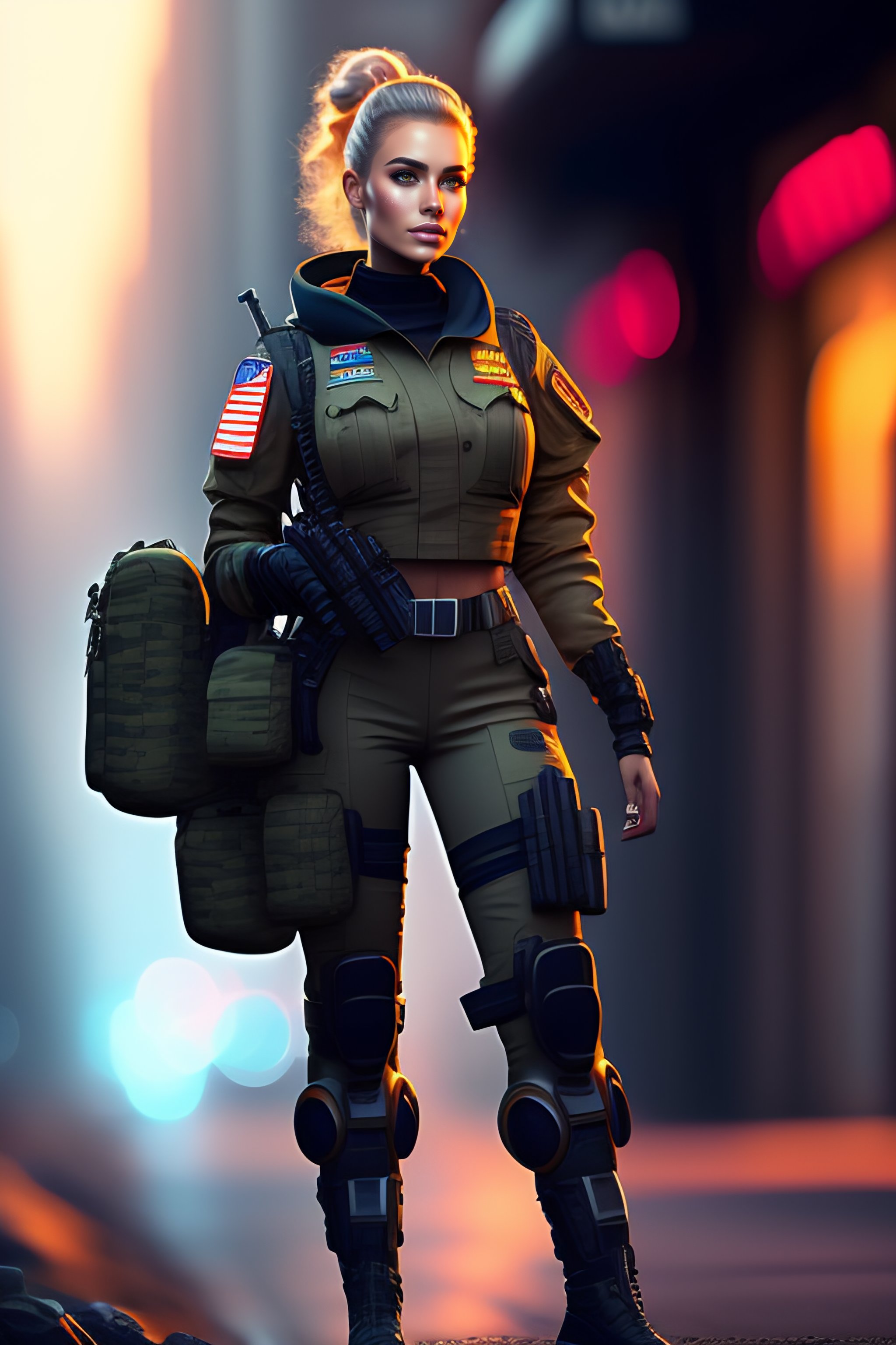 Lexica - A military girl with a machine gun walking, robot futuristic ...