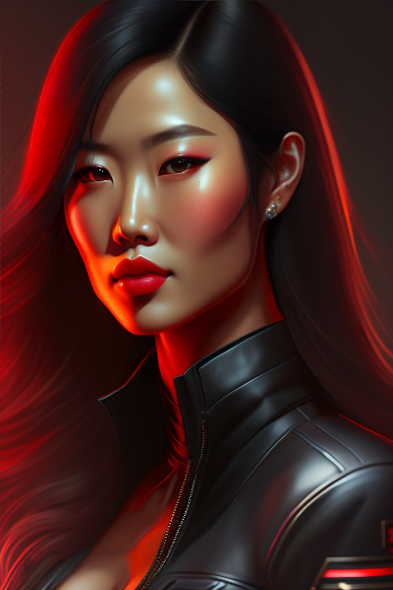 Lexica Asian woman, red lipstick, black eyes, black jacket, fit, long