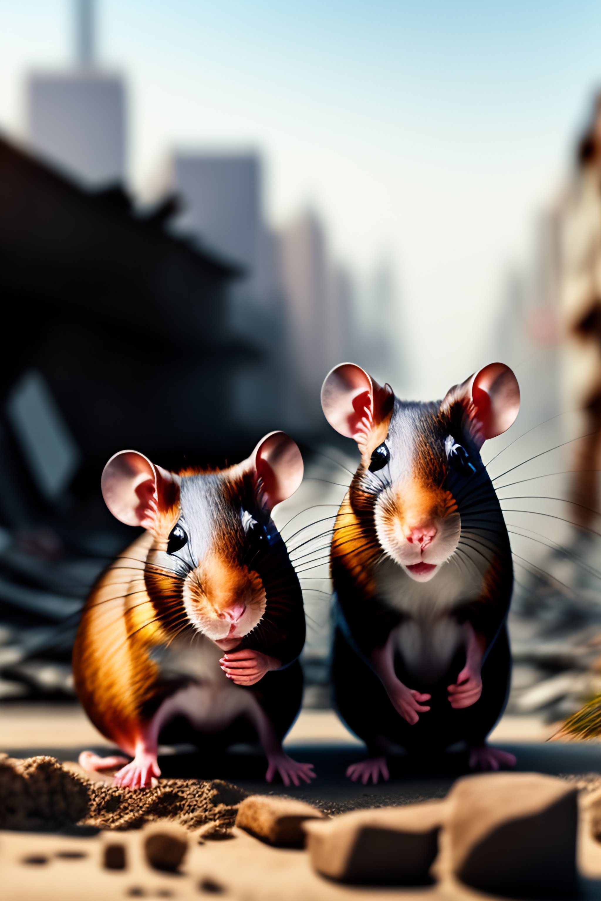 Lexica - Two clothed rats in front of a destroyed city in comic style
