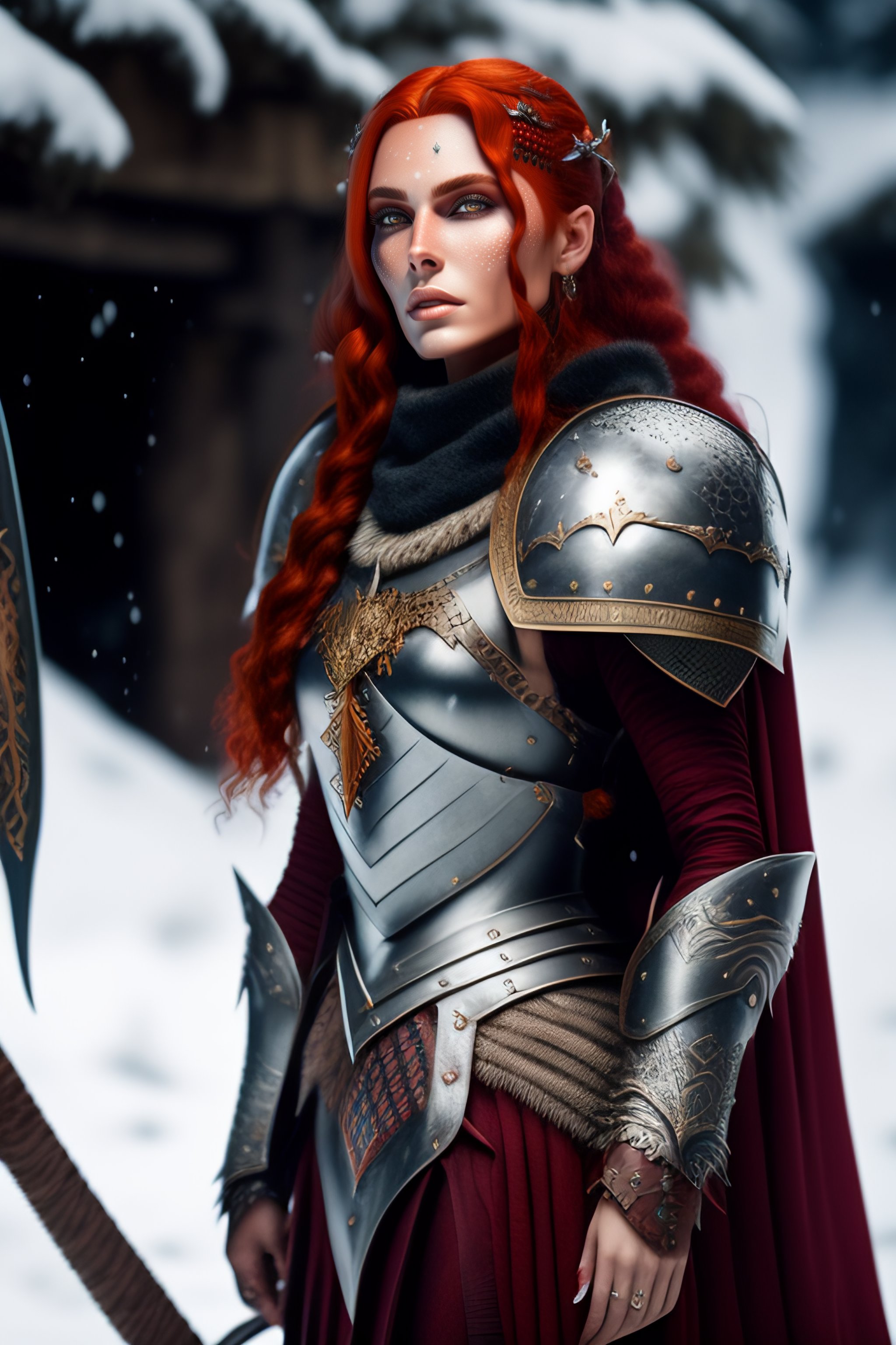 Lexica Bouticca Full Body Female Medieval Fantasy Knight Weathered Features Red Hair