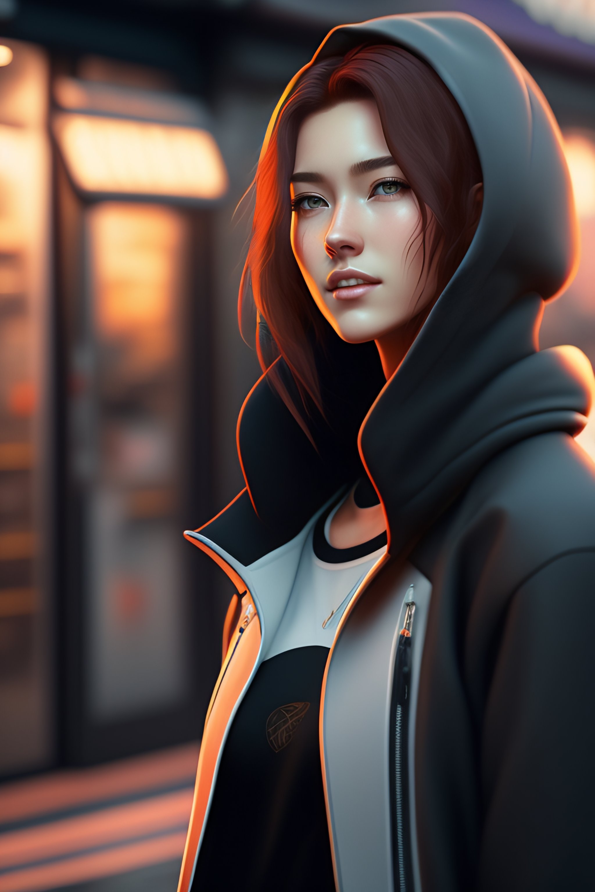 Lexica Cyberpunk City Setting Realistic Young Anime White Woman Wearing A Hoodie Under A 1259