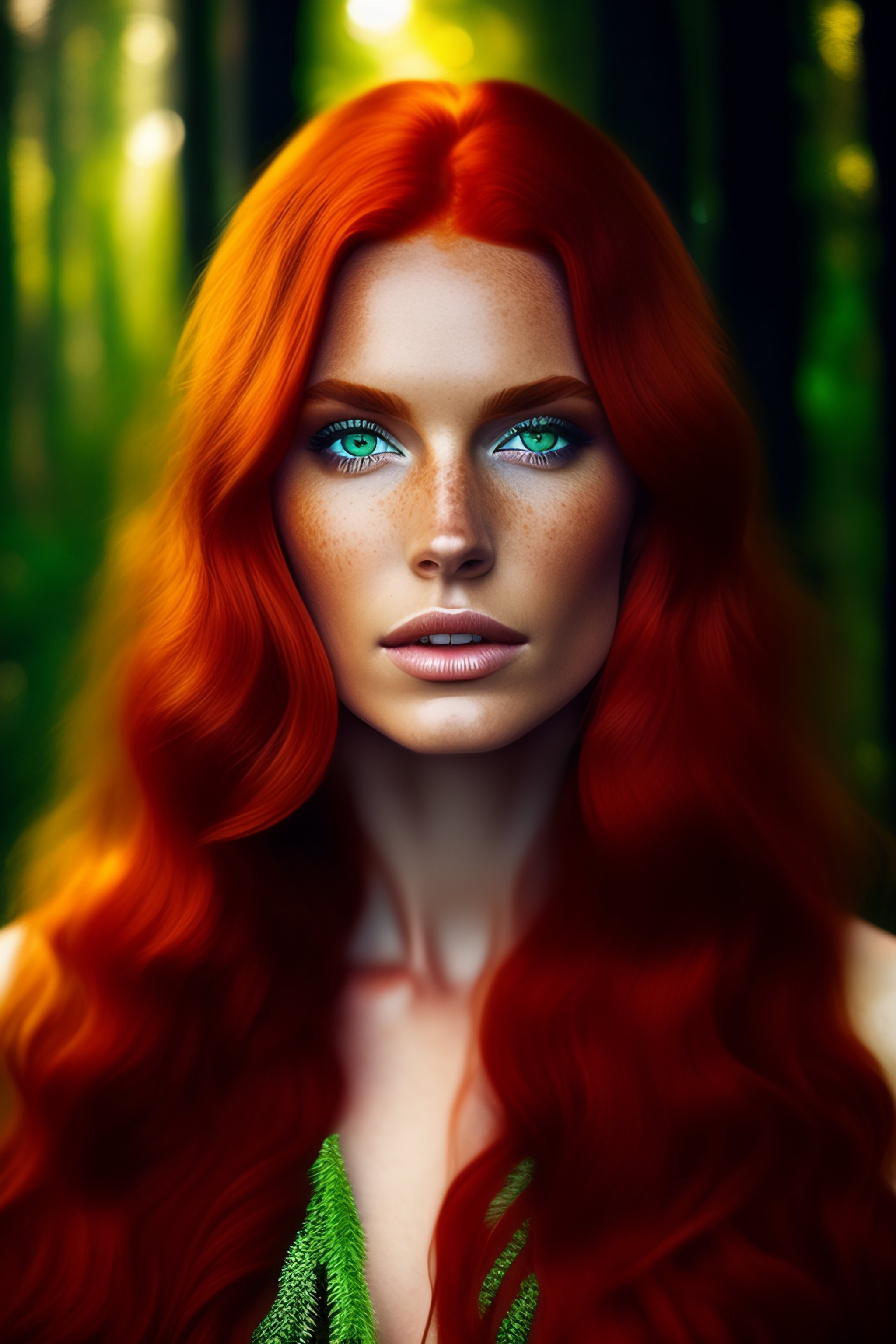 Lexica Brunette Wild Red Hair Green Eyes Freckles Forest Woman 