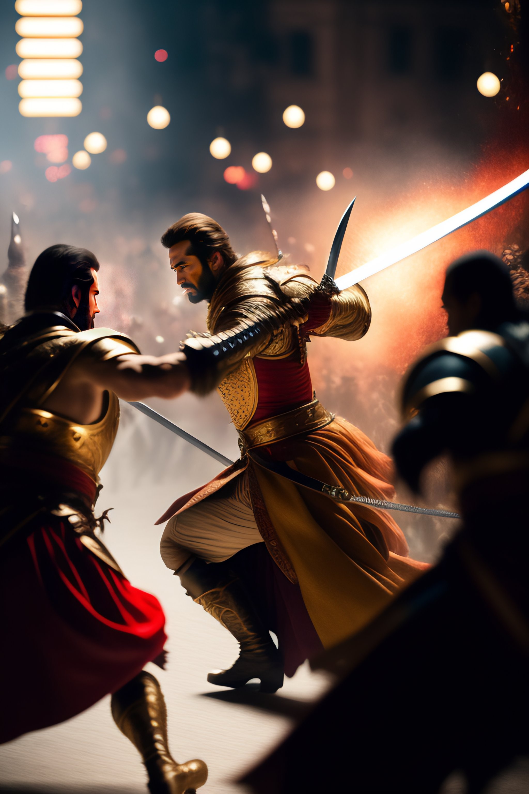 Lexica Extreme motion blur, crowded action scene, sword fight, movie set