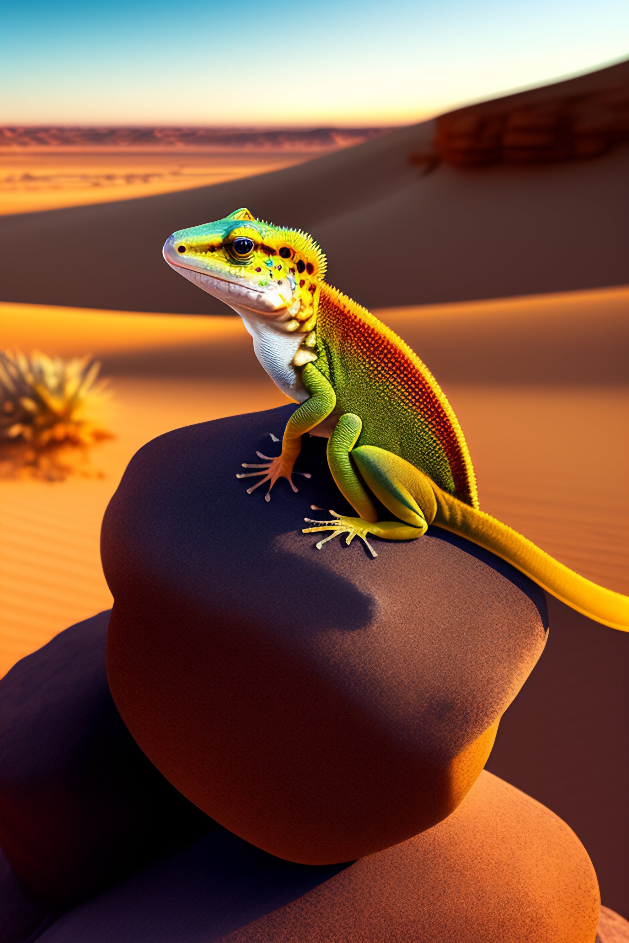 Lexica - Gecko on a rock in the desert, holding a sign 