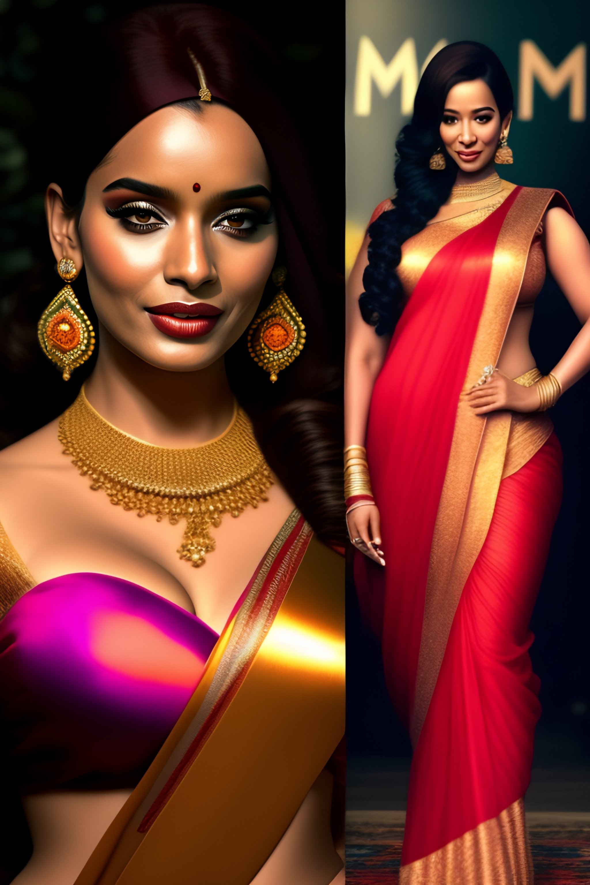 Lexica - Young north indian woman in a saree, massive downblouse, fit body,  wearing saree, wearing kebama