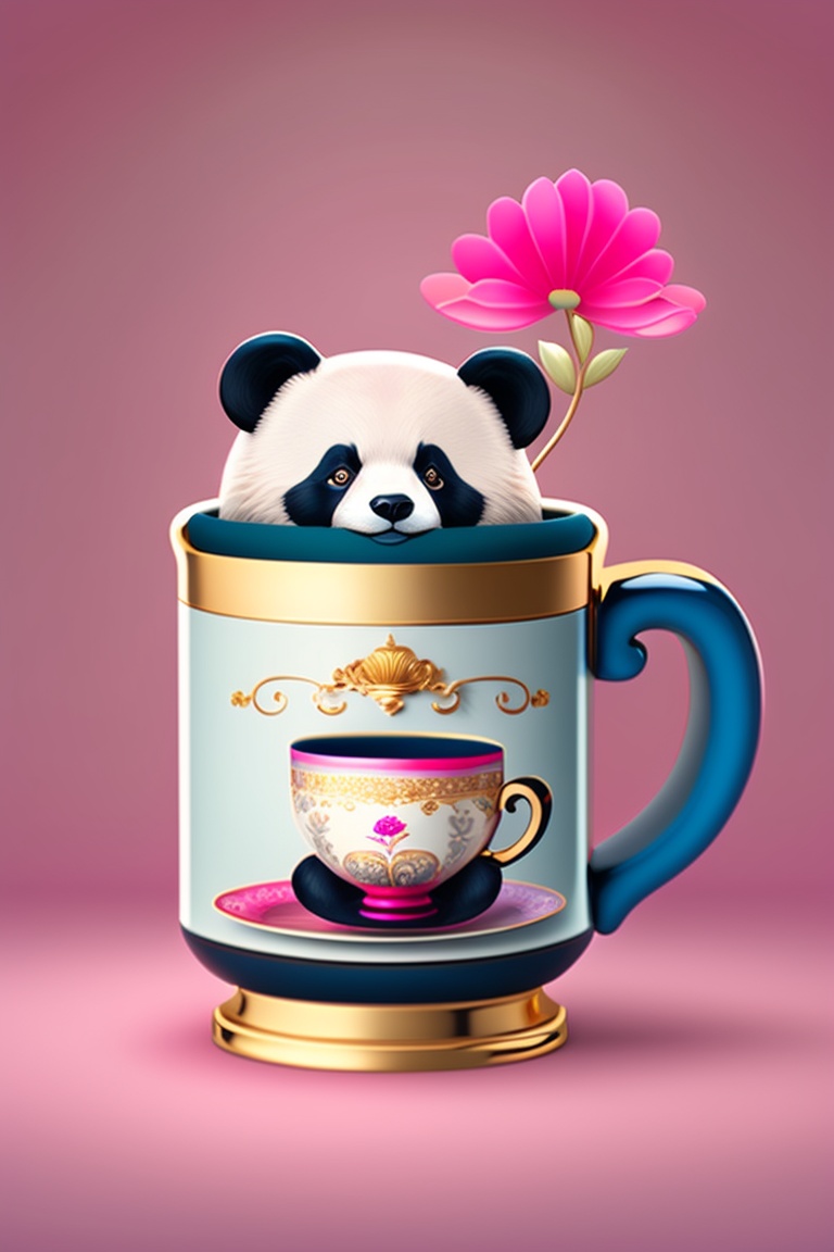 Lexica - A panda in a tea cup with pink handle and golden border