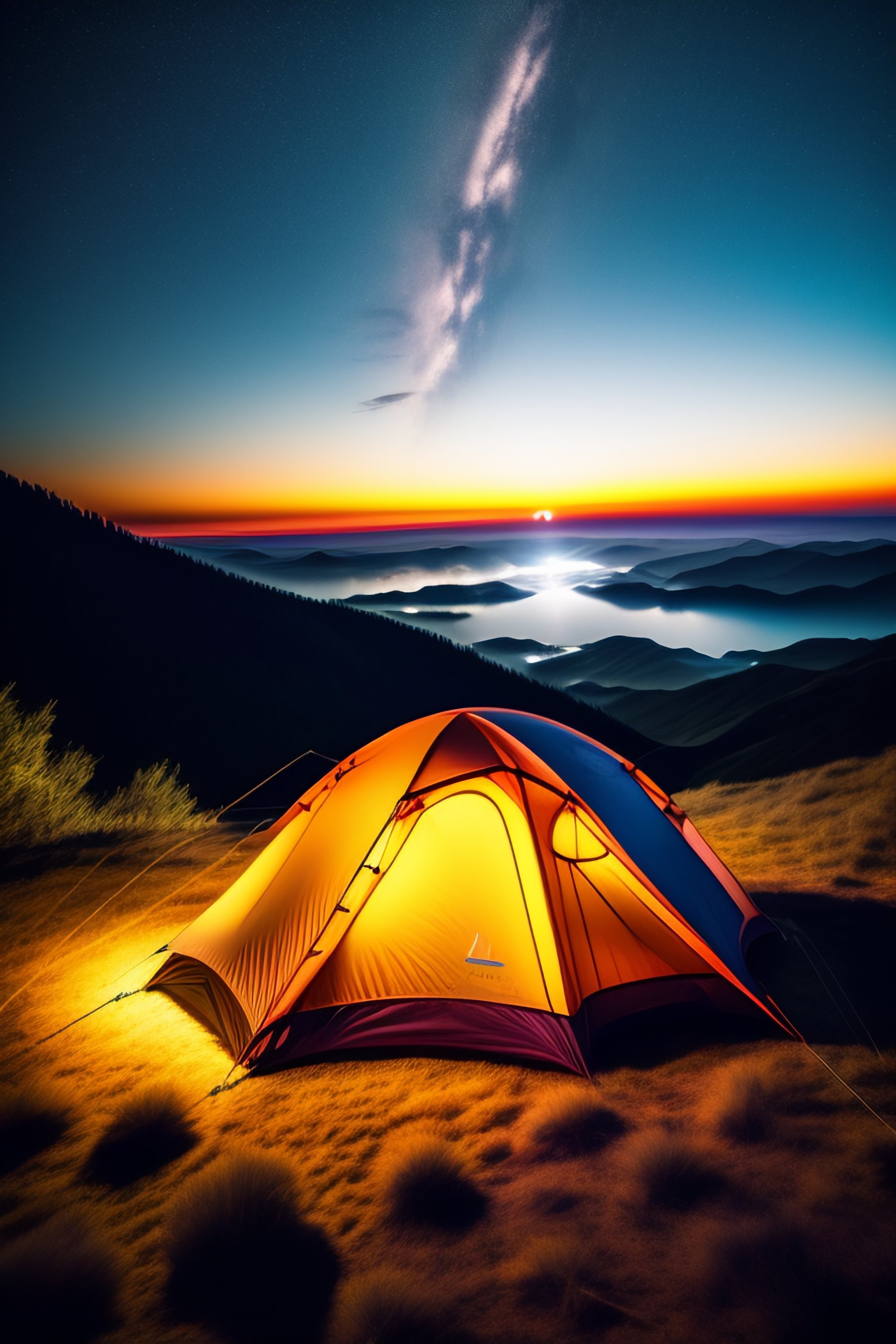 Lexica - A tent pitched up on top of a mountain under a night sky ...