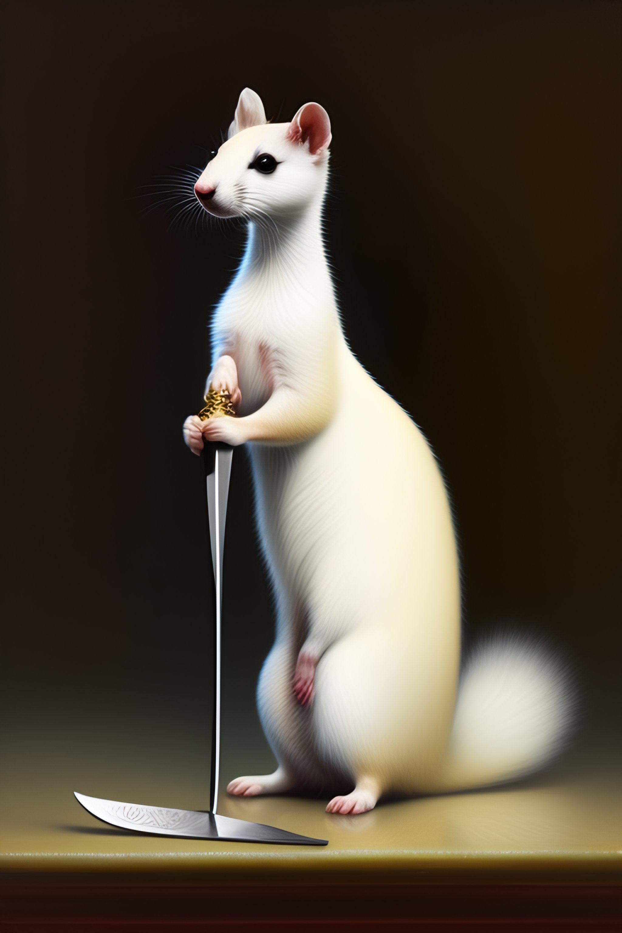 Lexica - Angry white stoat in lying position with one paw on a dagger