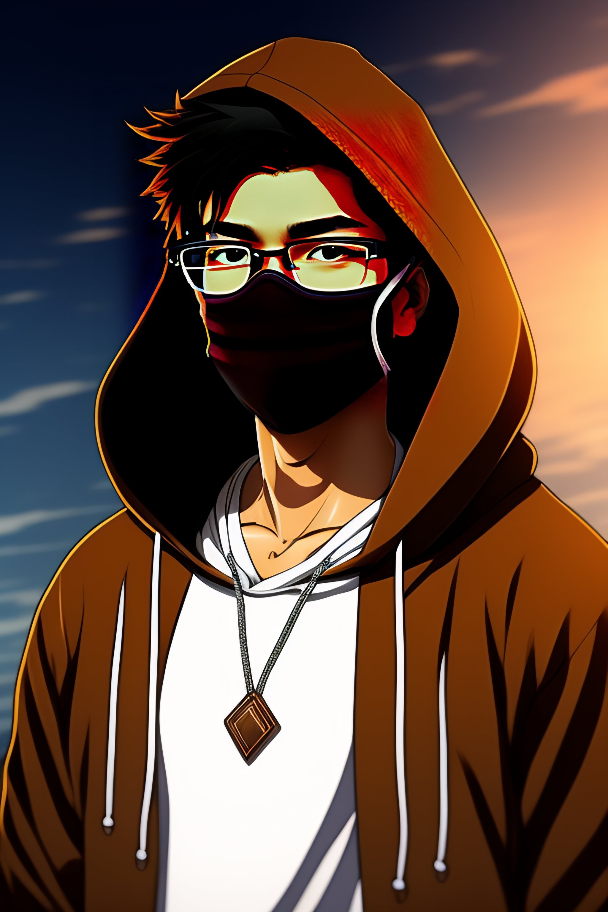 Lexica Anime guy in black hoodie wearing mask indian coder brown face glasses light brown skin hacker no expression no emotion no backgro