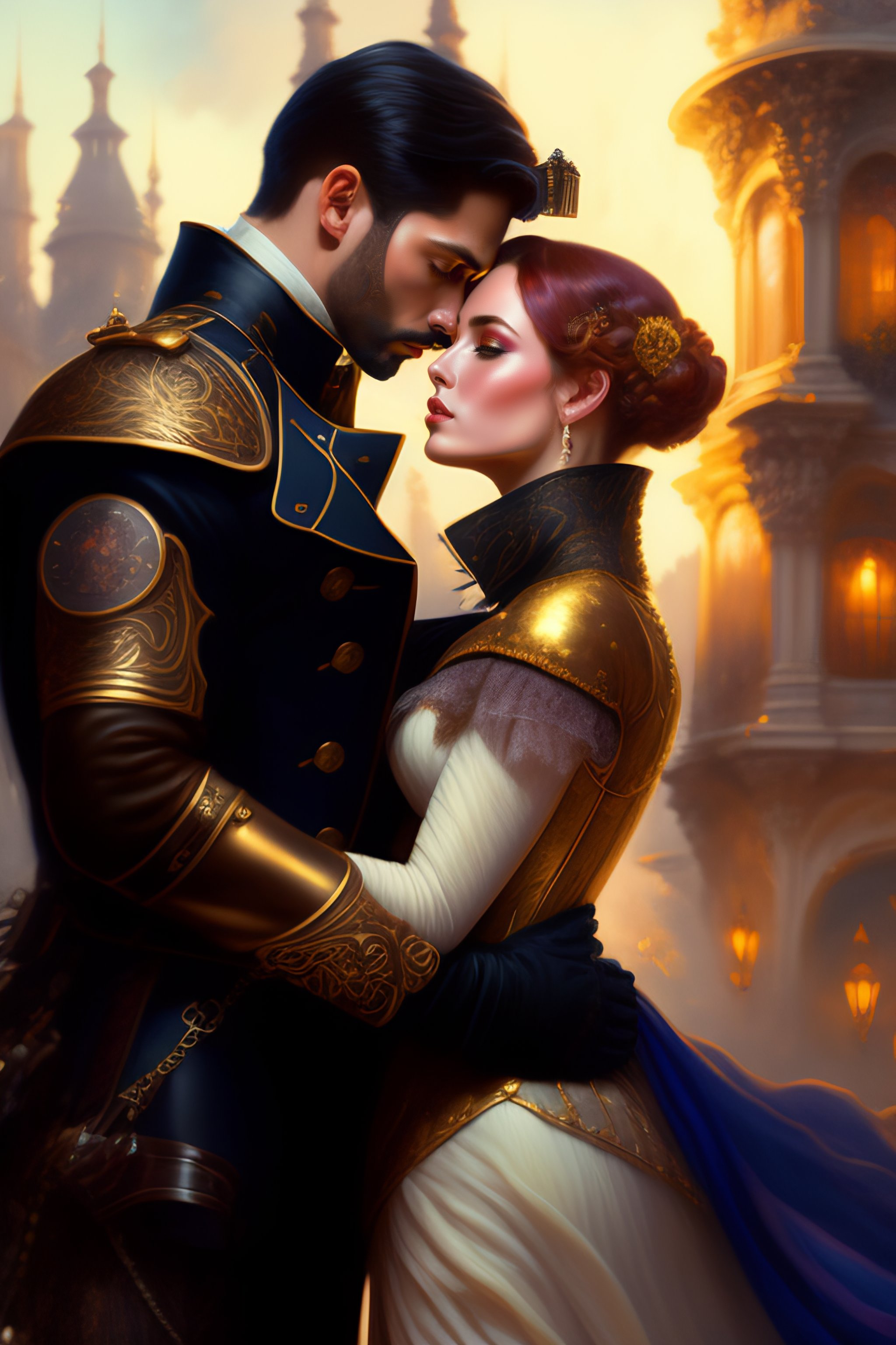 Lexica - Steampunk painting of a short hair couple, falling in love ...