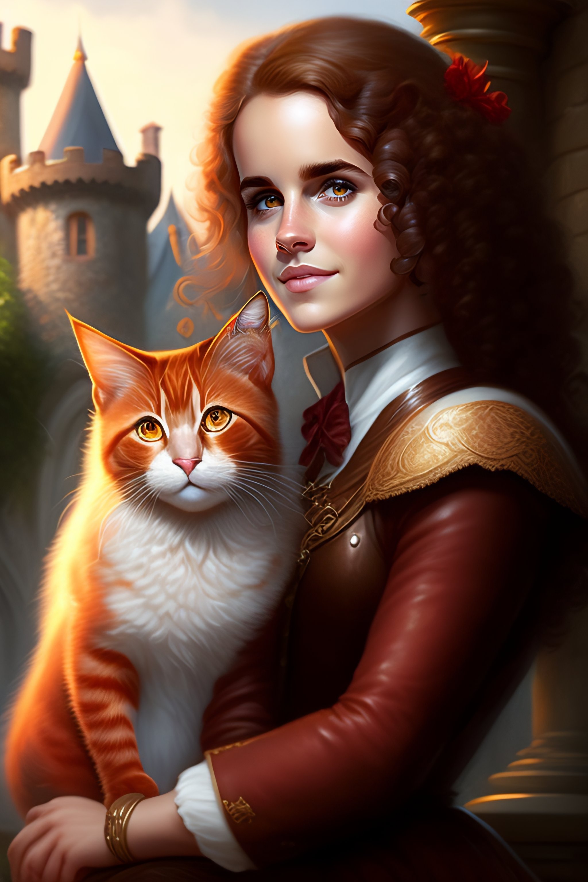 Lexica A Curly Haired Girl Emma Watson With Brown Hair Holds A Red Cat In Her Hands Against