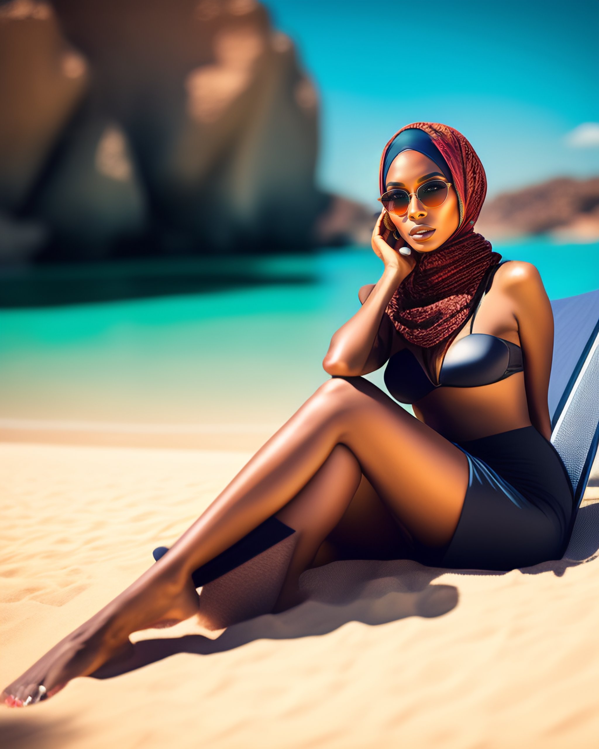 Lexica - A full body beautiful woman with wearing transparent bikini,  hijab, sunbathing on the sun lounger her husband, realistic, cinematic, 8k,  d 