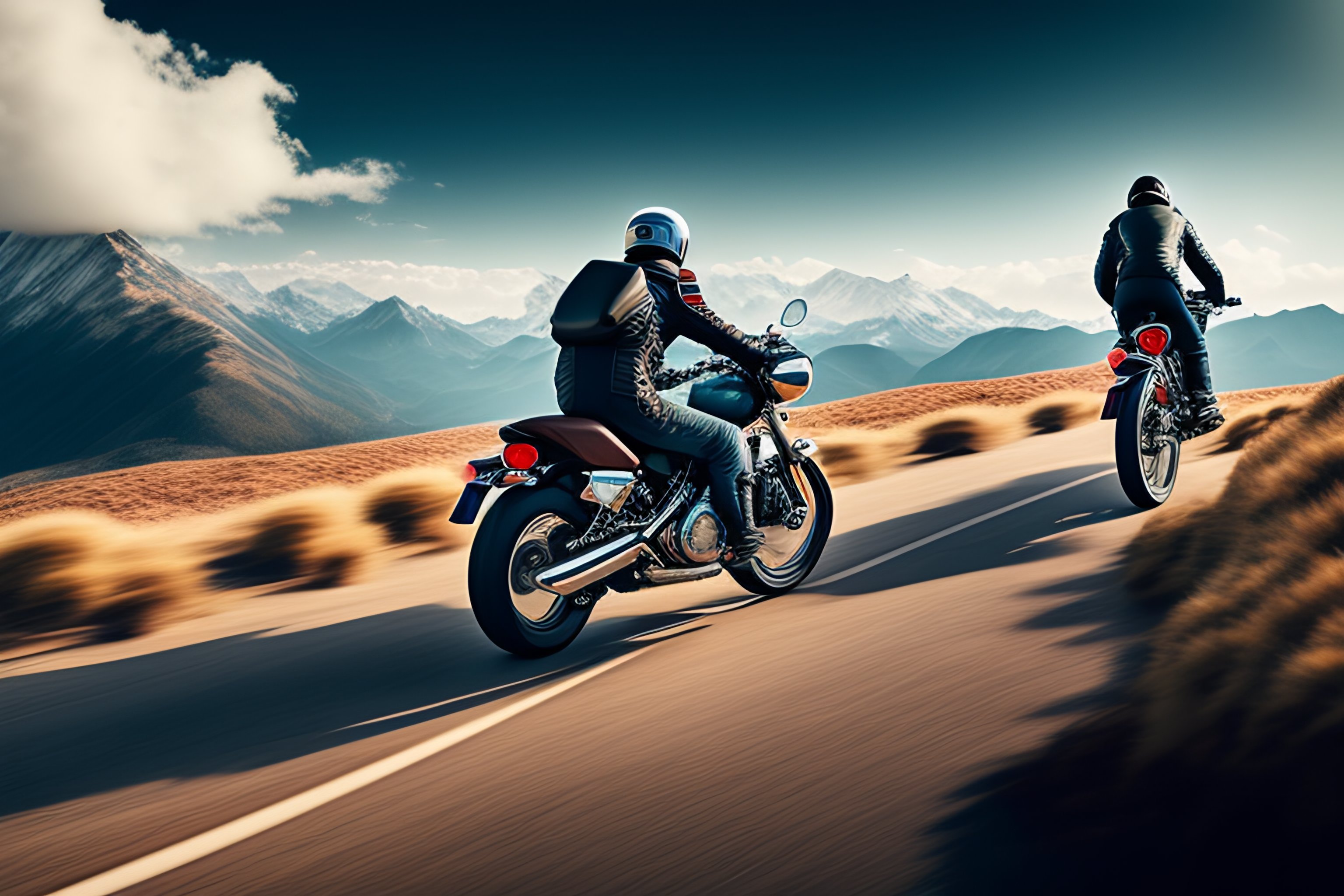 Lexica - Motorcycle next to biker on mountain realistic