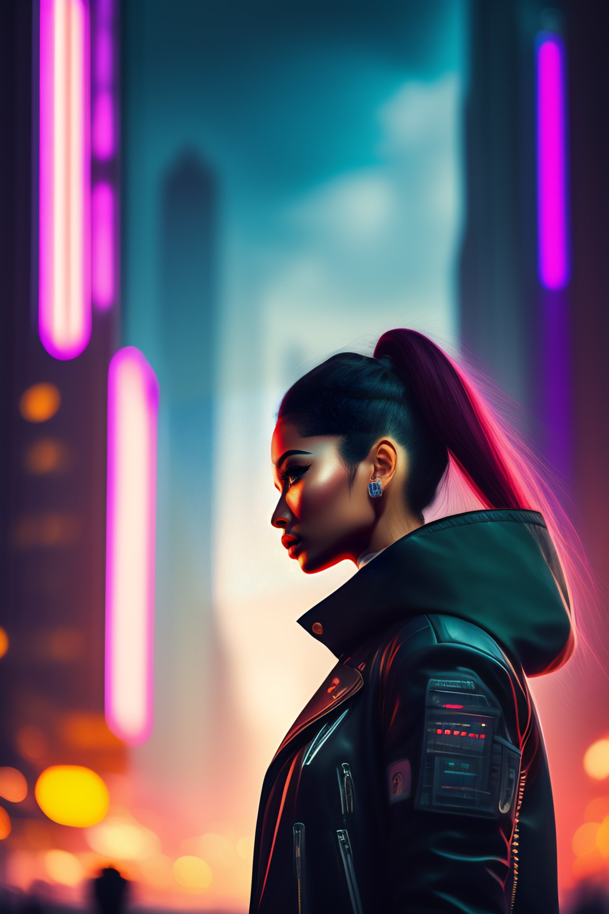 Lexica - Point of view the girl in a city finding someone. cyberpunk theme.