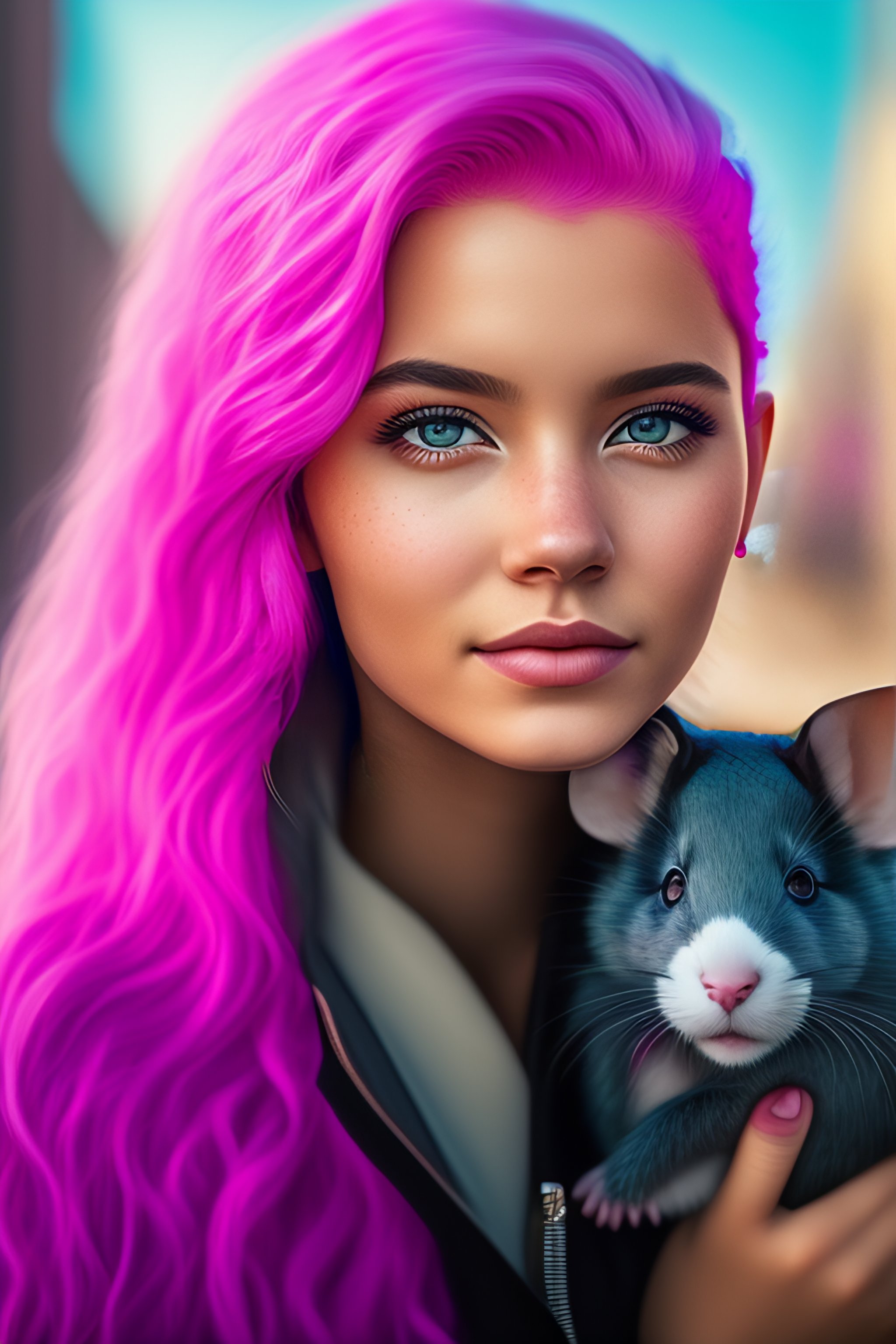 Lexica - Portrait of a girl with pink hair and gray eyes holding a rat ...