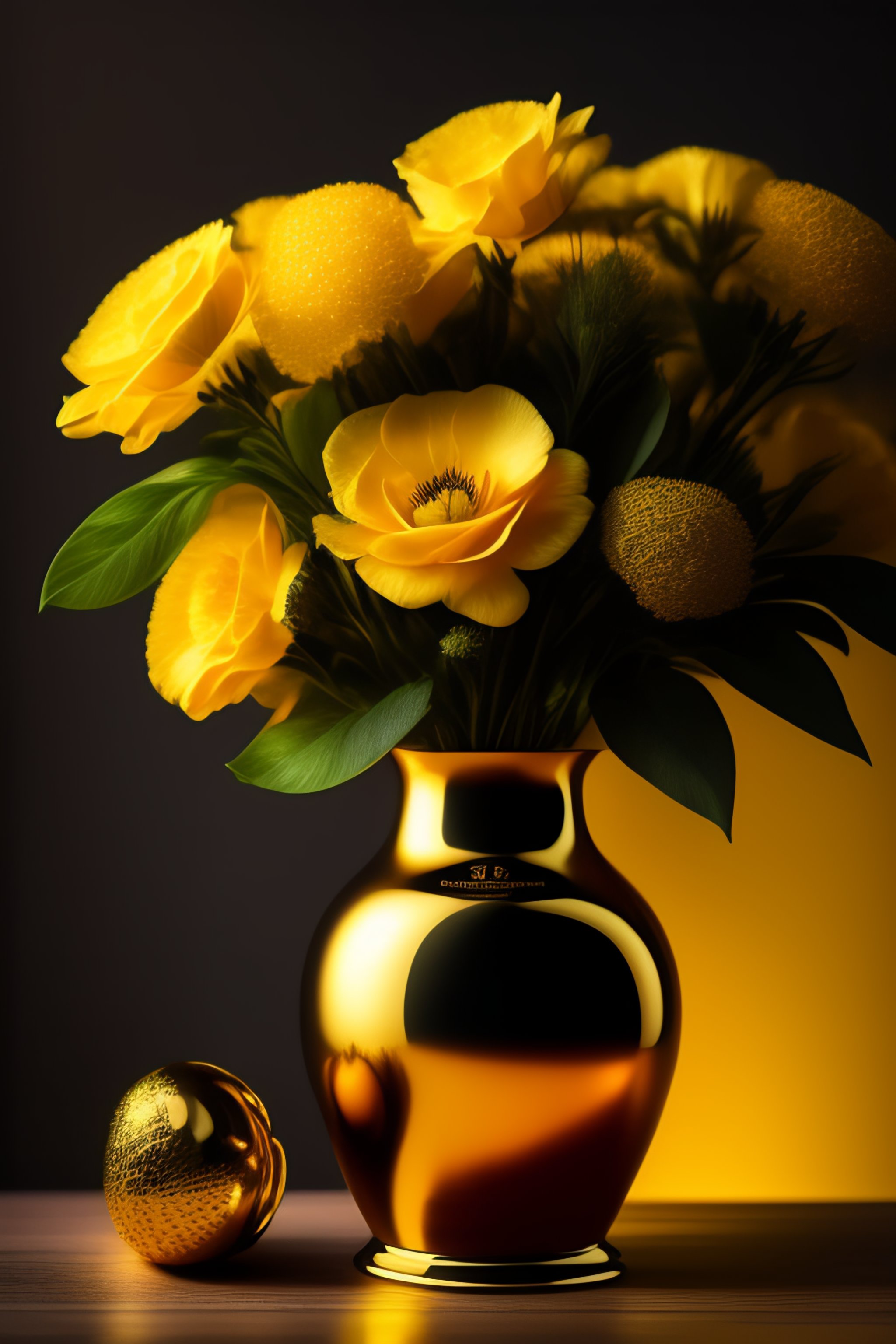 Lexica Golden flowers in a Golden vase with a black background and