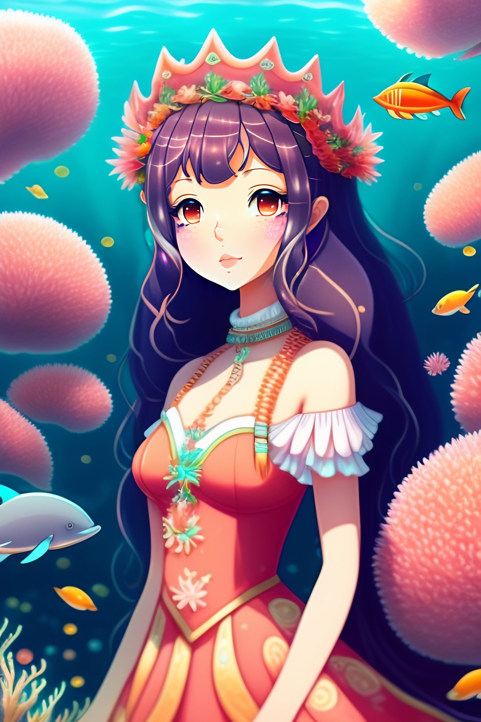 Lexica - Anime 2D 1 girl solo Create an illustration of a humanoid dolphin  girl living in a beautiful coral reef She is wearing a flowing dress made  ...