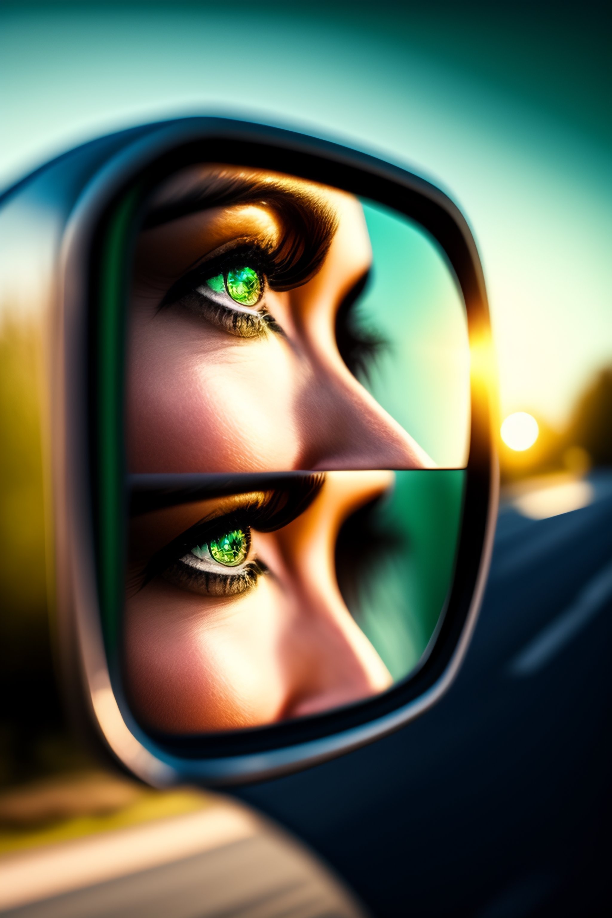 Lexica - Green eyes reflected in a rear view car mirror
