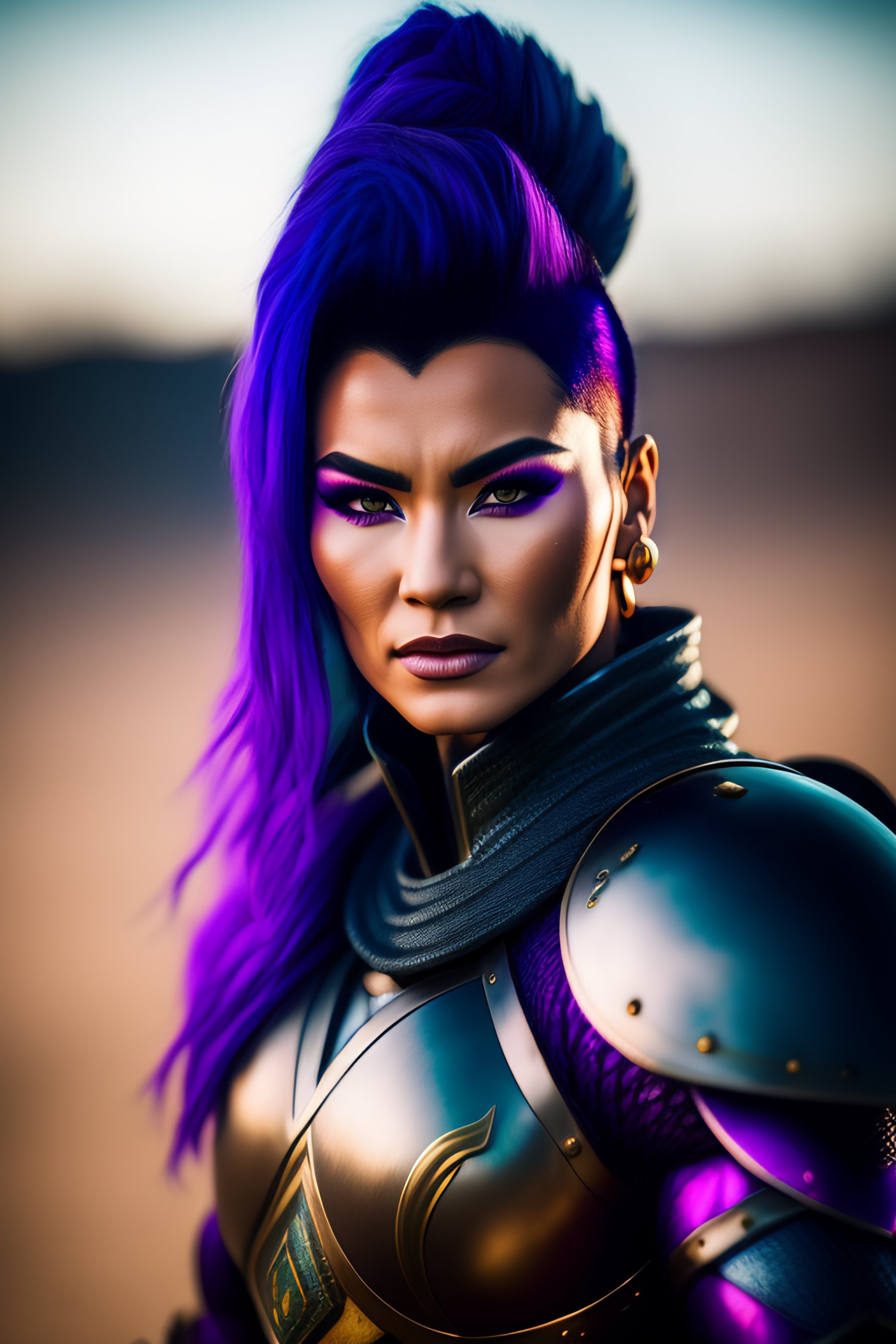 Lexica Portrait Photo Still Of Real Life Supersaiyajin Fighter With Armour And Purple Hair And