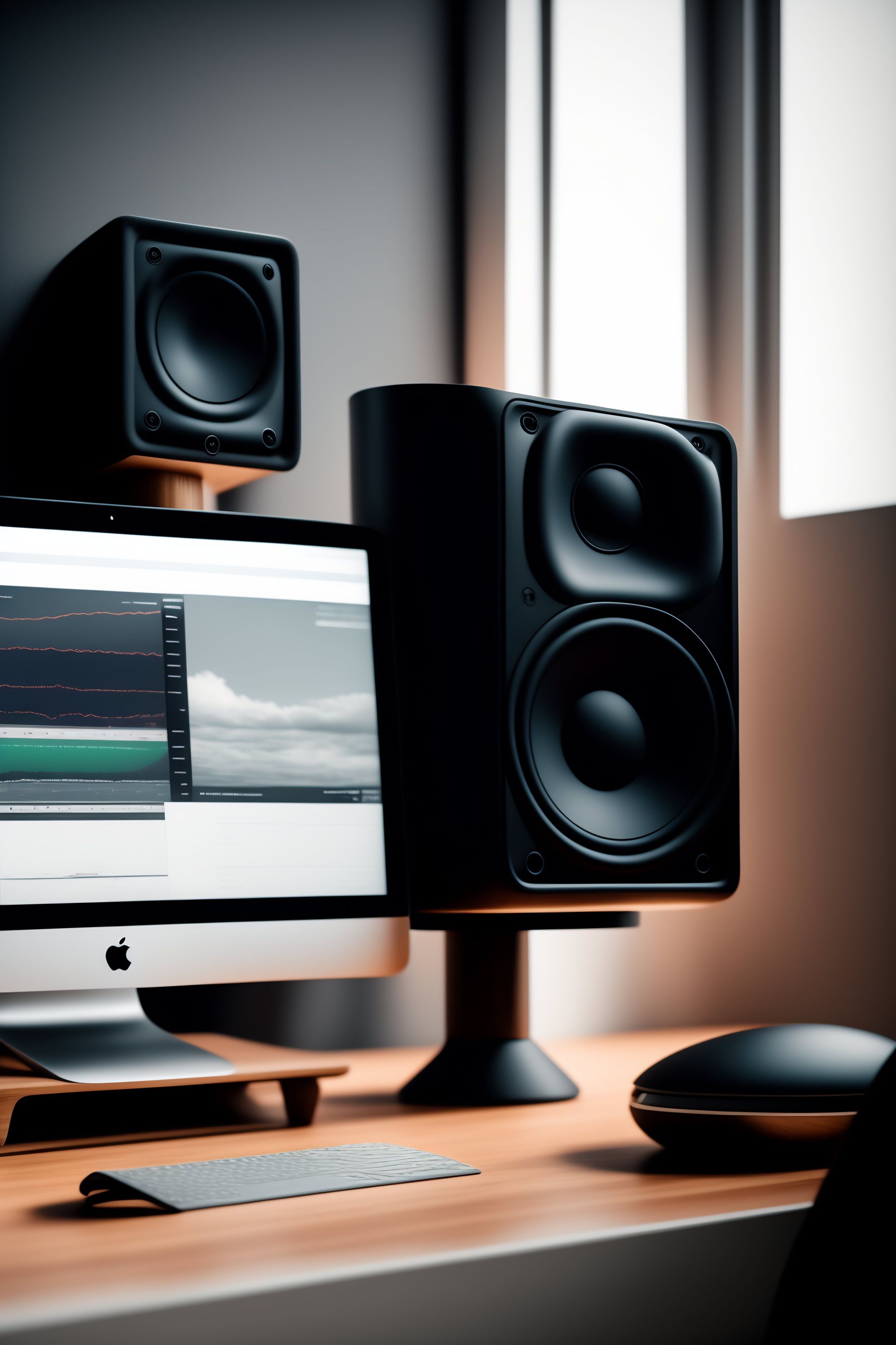 Lexica Imac on the desk and audio interface and monitoring speaker on