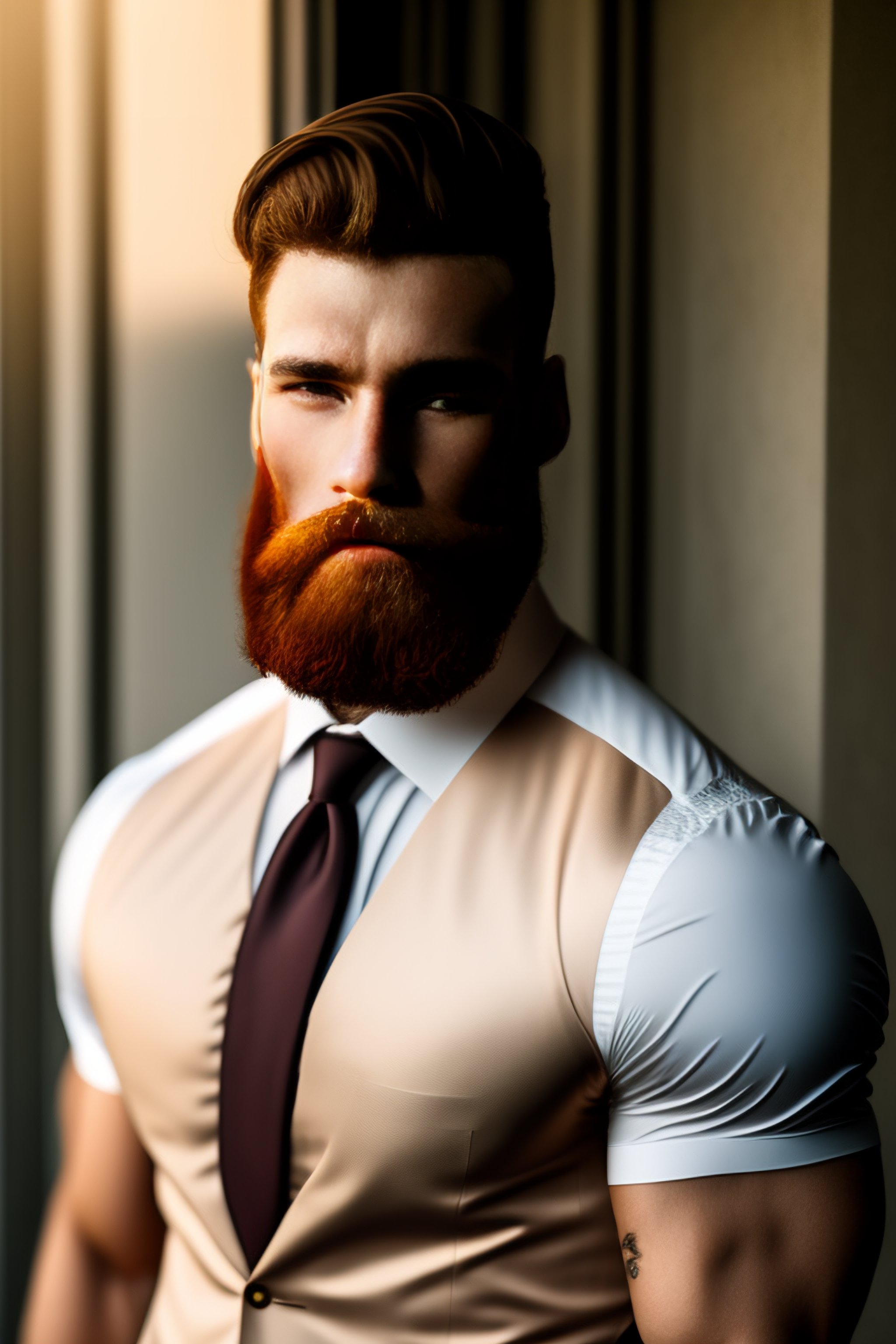 Lexica Ginger beard, brown short hair, 6ft man, swimmers body, pale skinned, muscular jaw, 3