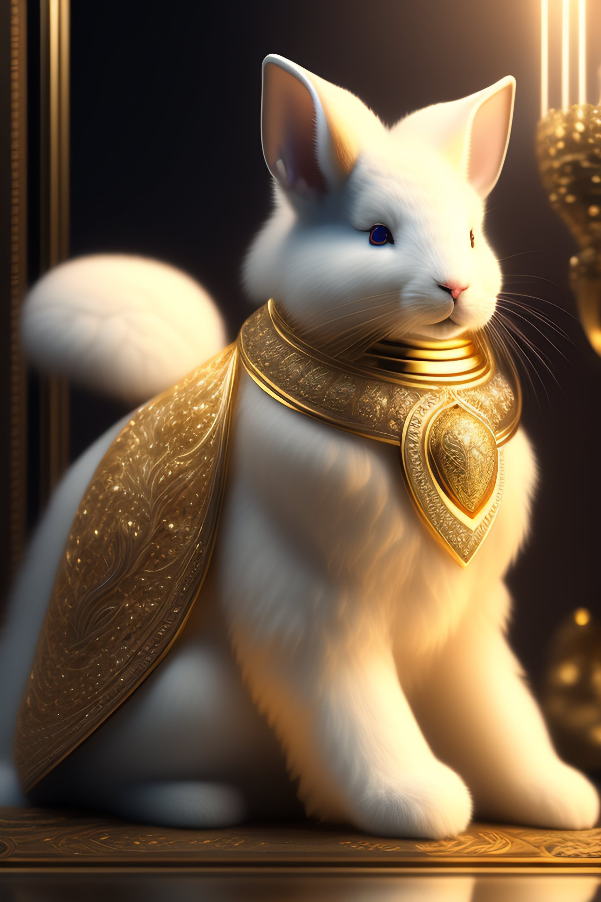 Lexica - The whole body of a white fluffy rabbit with intricate gold ...