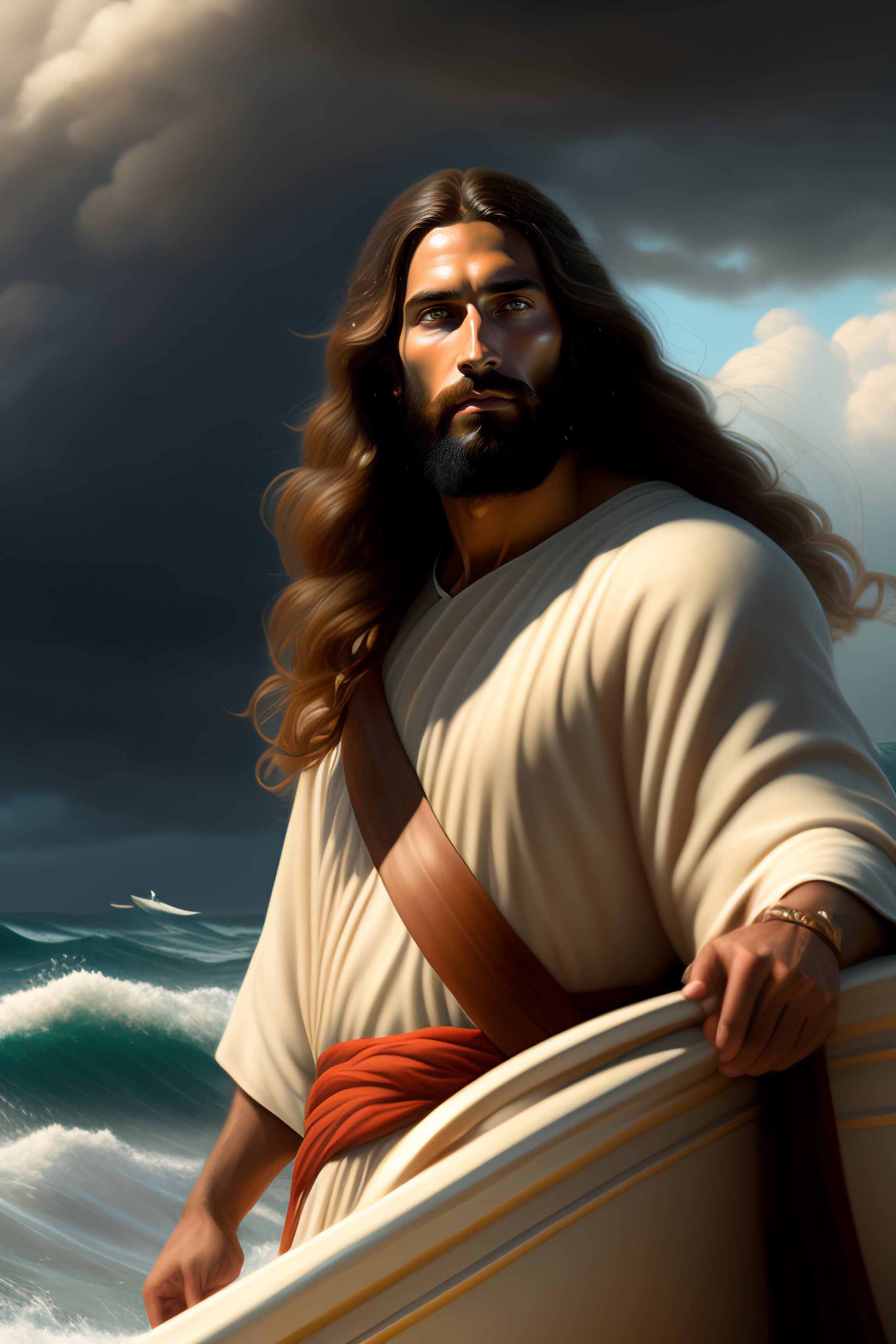 Lexica Painting of jesus christ calming a storm at sea