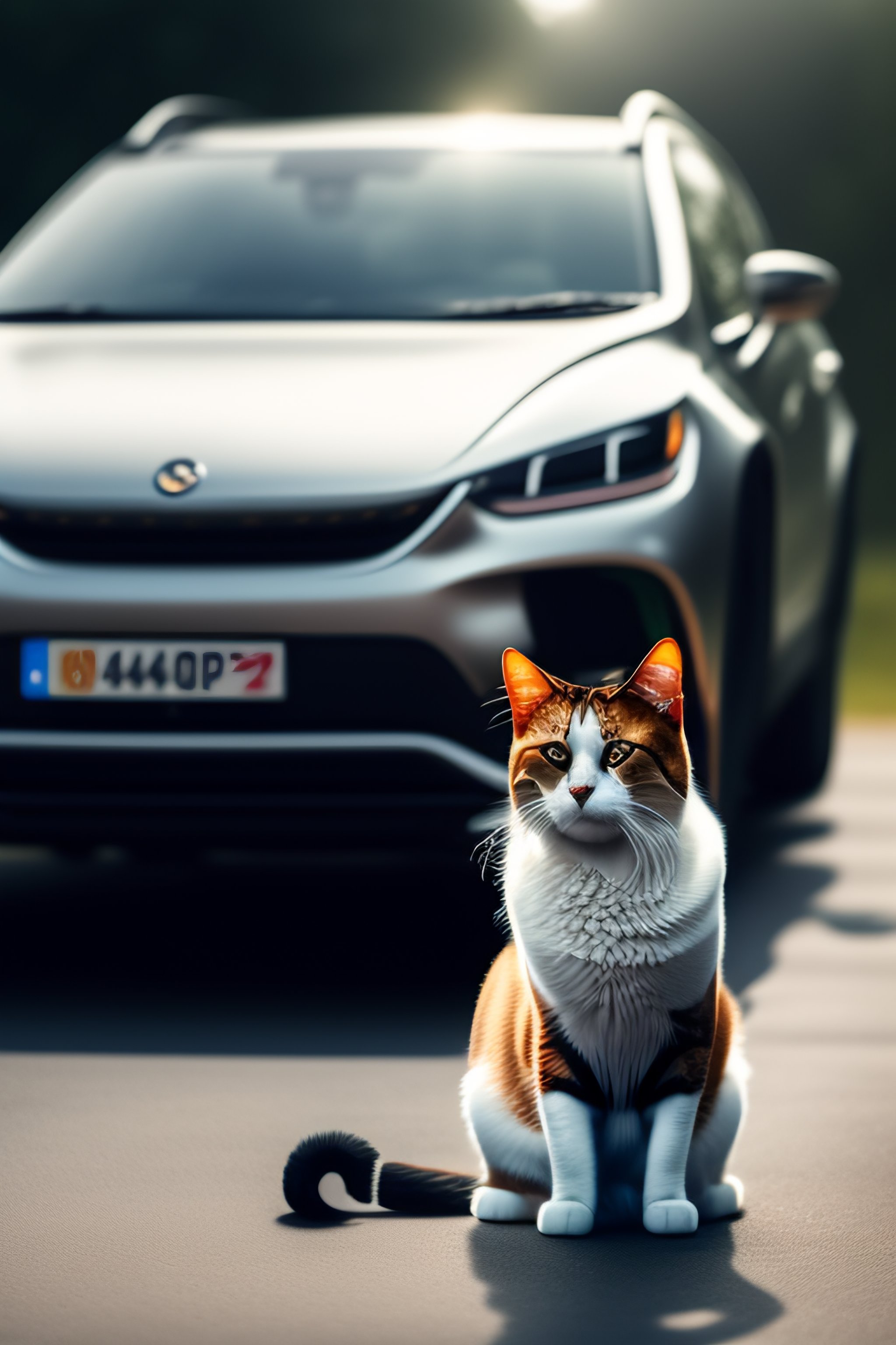 Lexica - A cat and a dog in front of a car