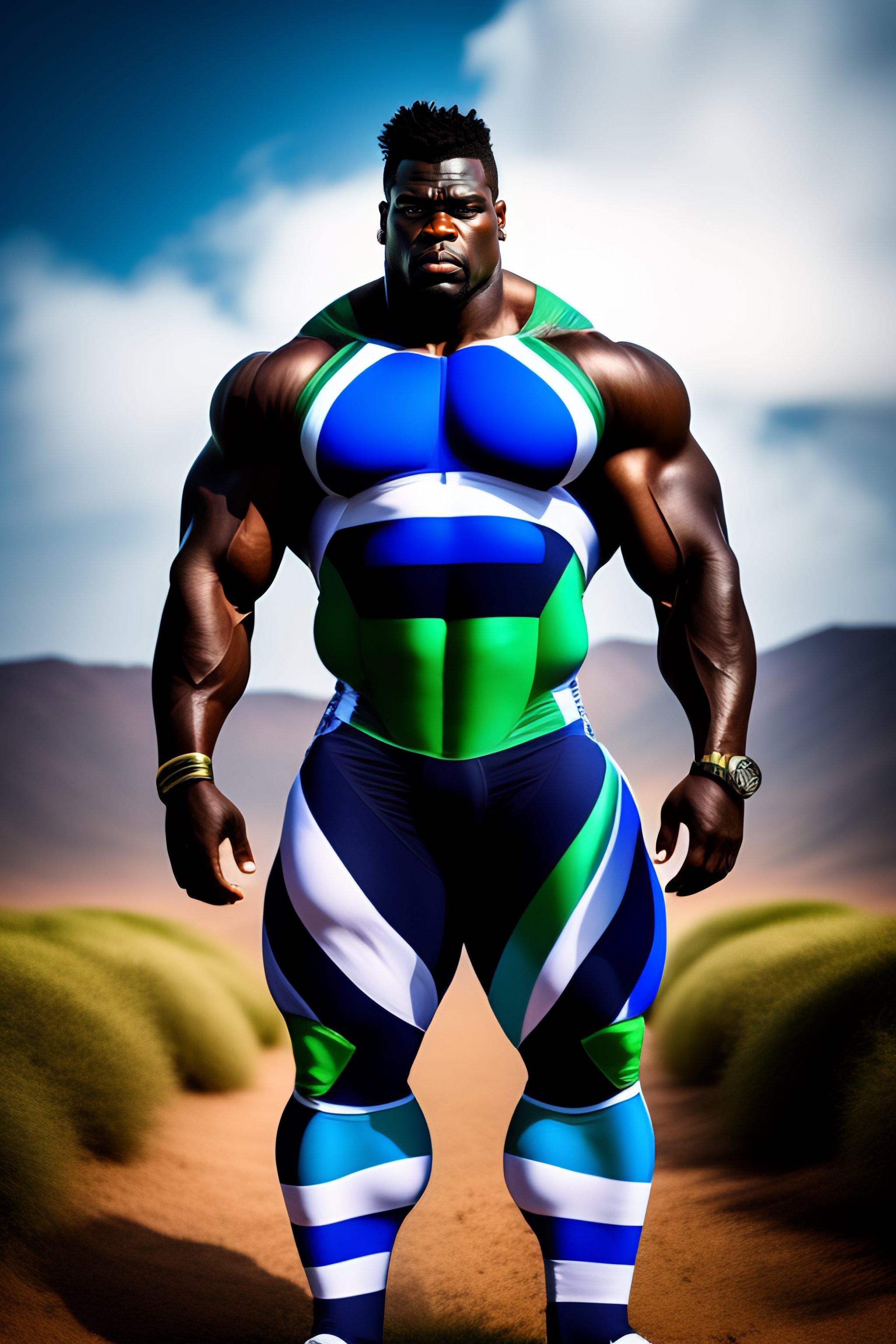 Lexica - African hulk wearing light blue, white and black thin striped ...