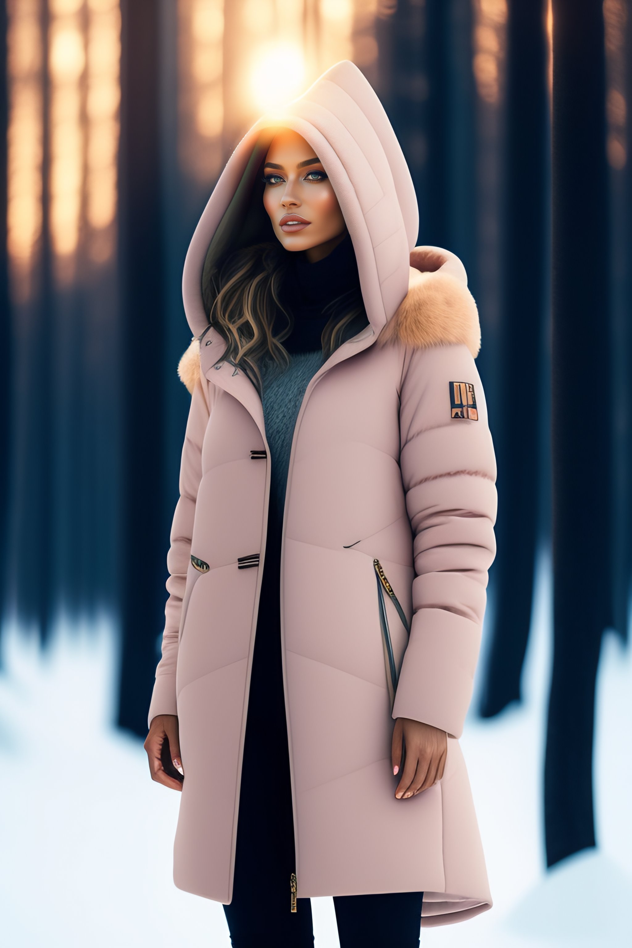 Lexica - The design of a modern oversized asymmetrical coat with a large  number of pockets, a hood, worn by a woman. Warm snow, forest and  mushrooms.