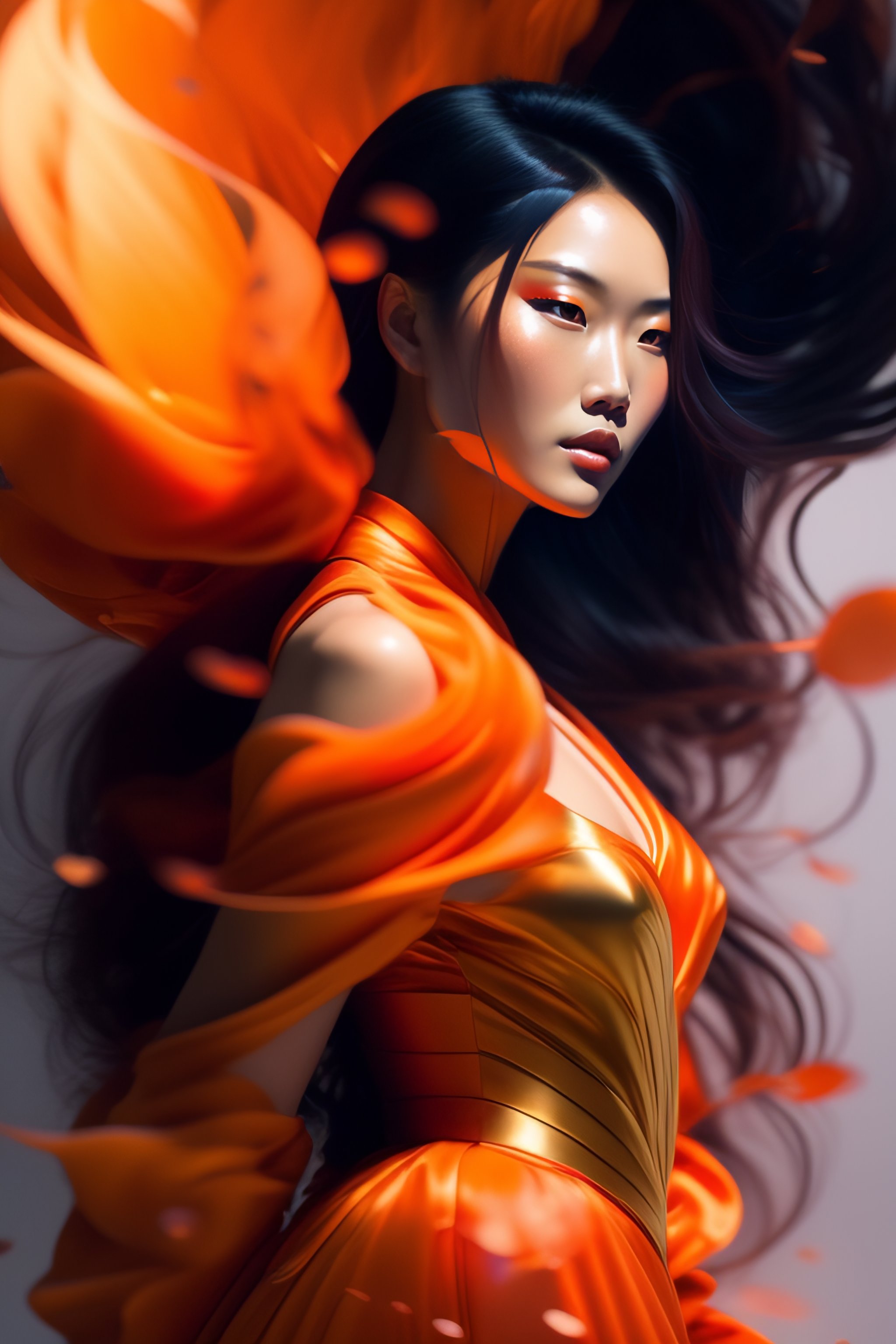 Lexica - Mulan, orange spike aura in motion, damaged japanese clothes ...