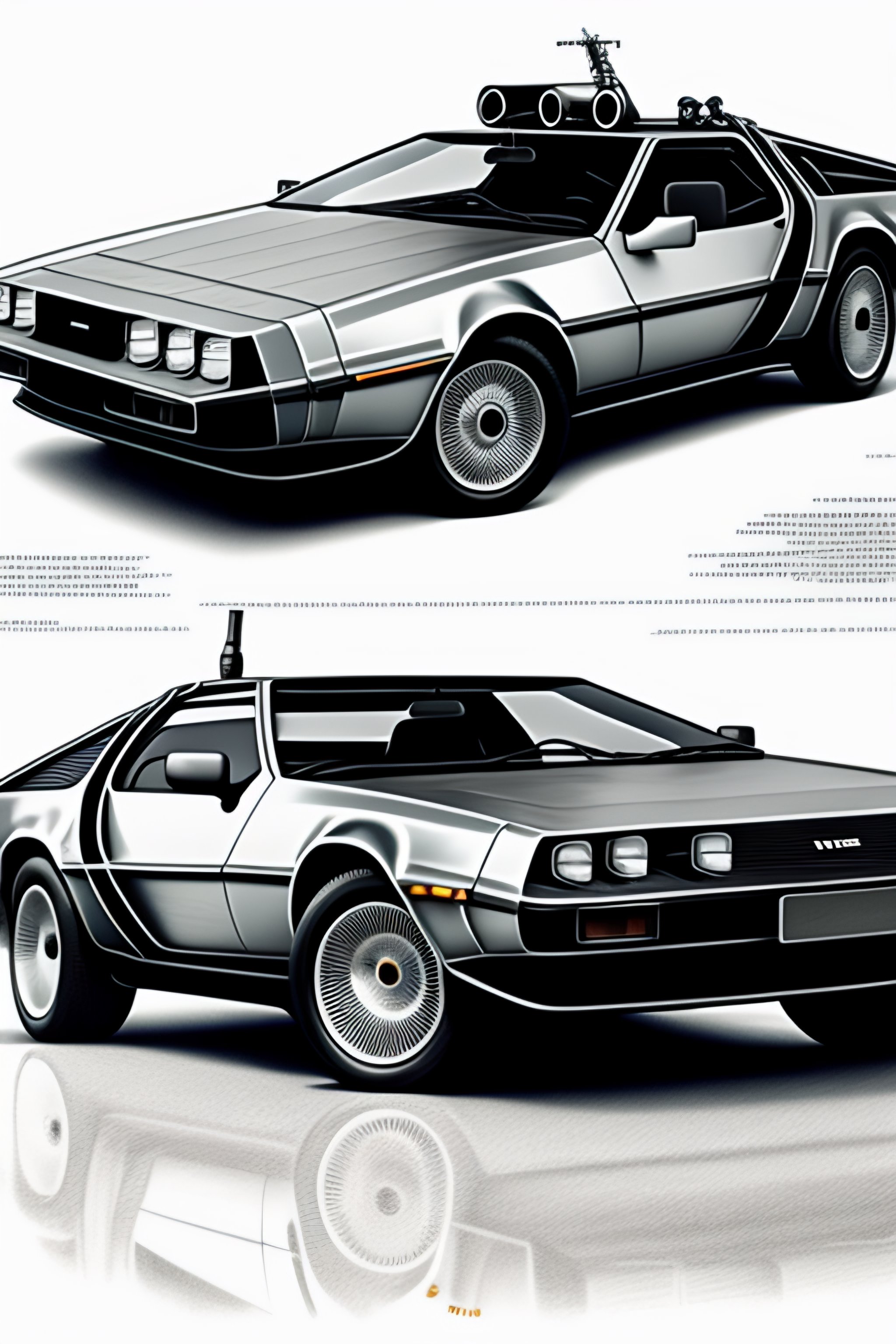 Lexica Delorean time machine very detailed drawing blueprints