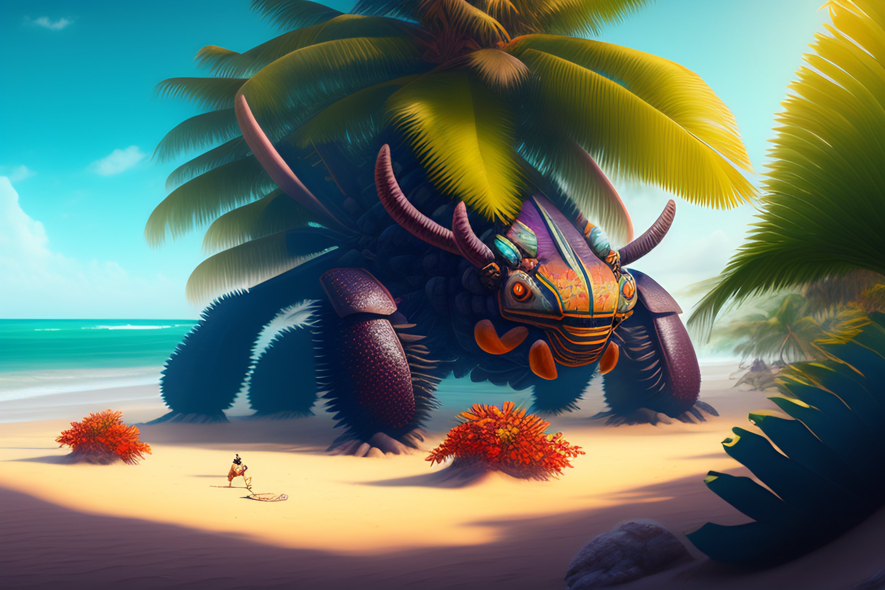 Lexica Giant coconut crab horror monster creature on tropical beach