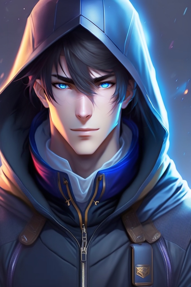 Lexica - Human male with black hood, black hair, blue eyes, dark cenary ...